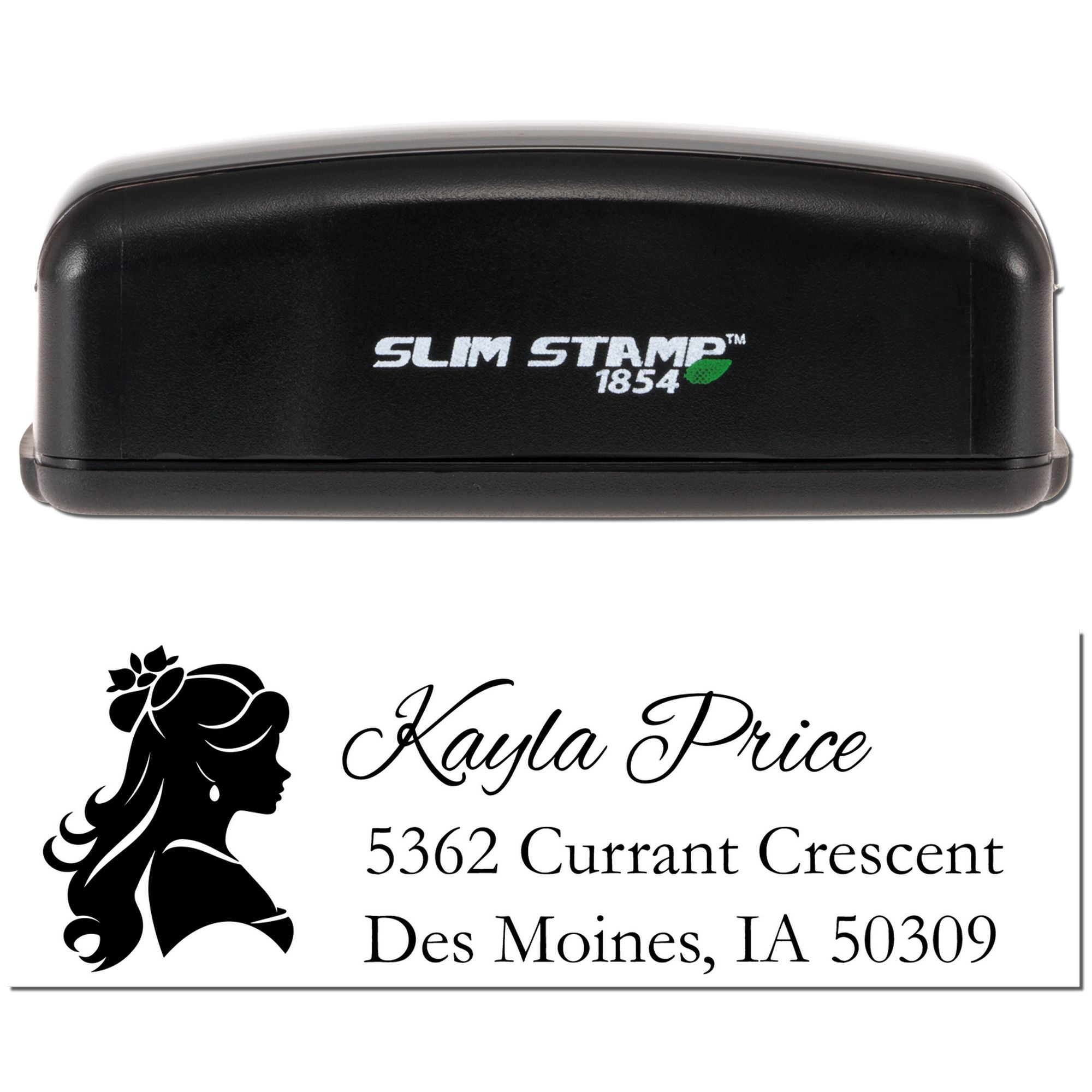 Slim Stamp 1854 custom self-inking address stamp with name, address and silhouette design for mail and labeling