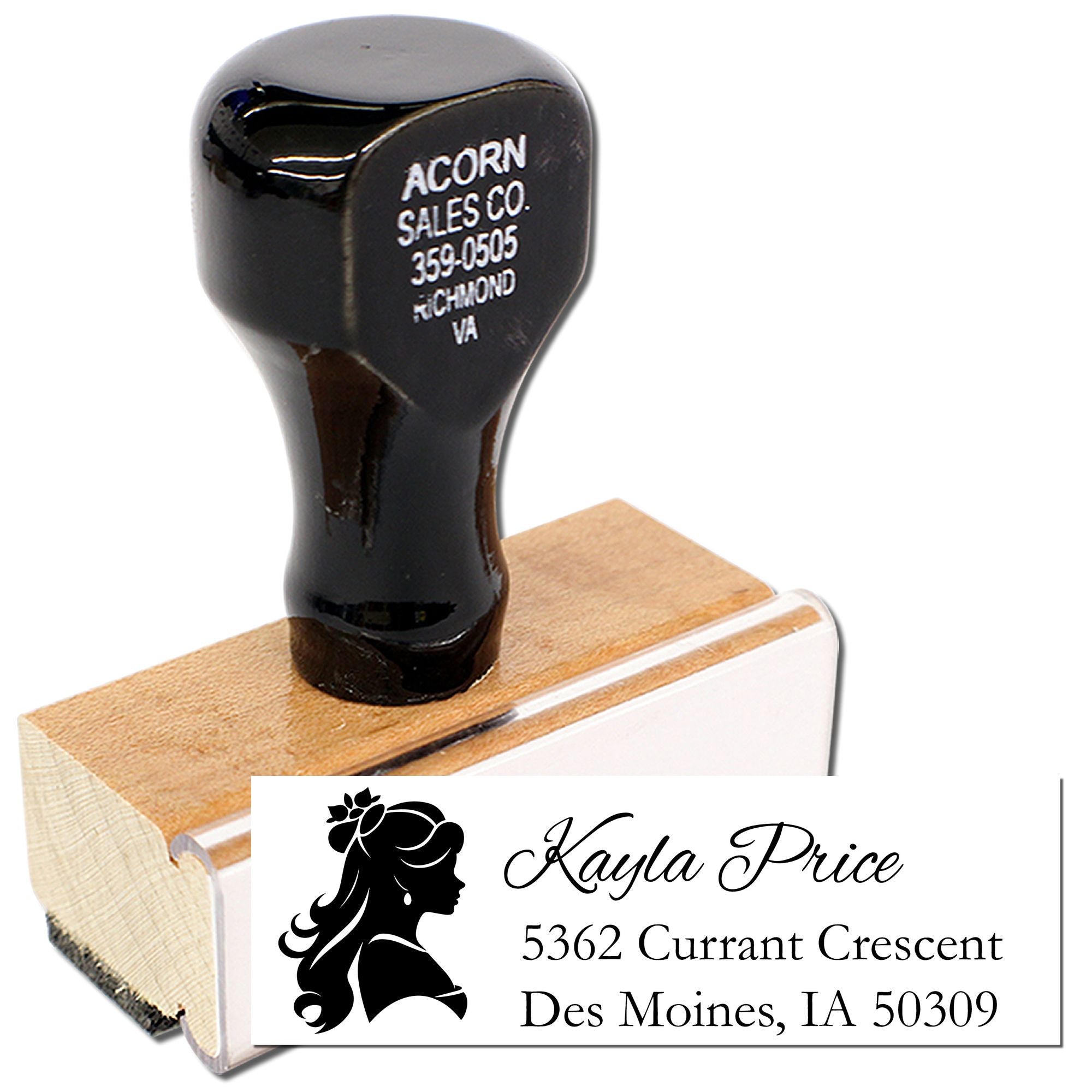 Custom rubber address stamp with wooden handle, featuring personalized name and return address imprint for mailing.