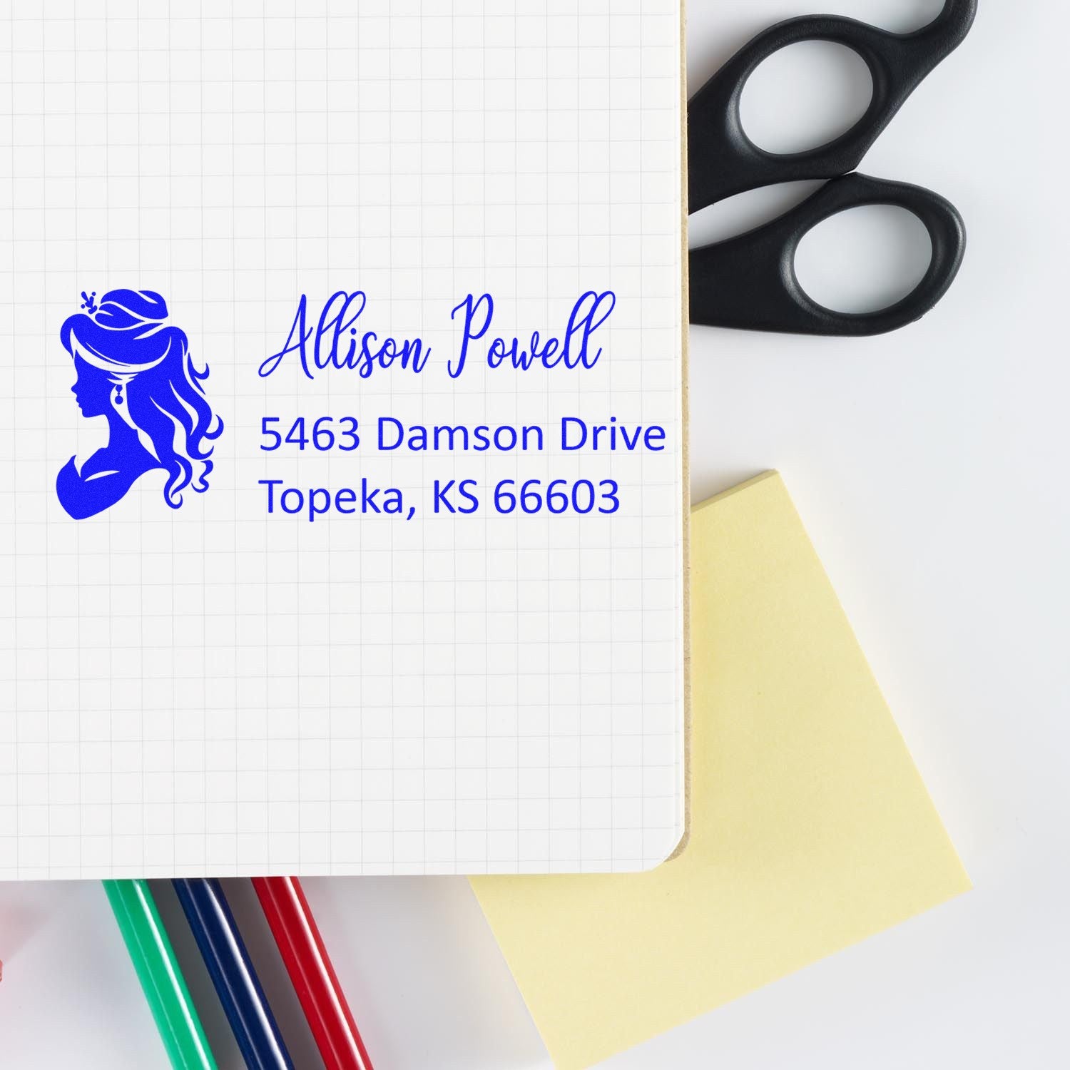 Custom return address rubber stamp for Allison Powell, featuring name, Topeka KS address, and decorative silhouette design.