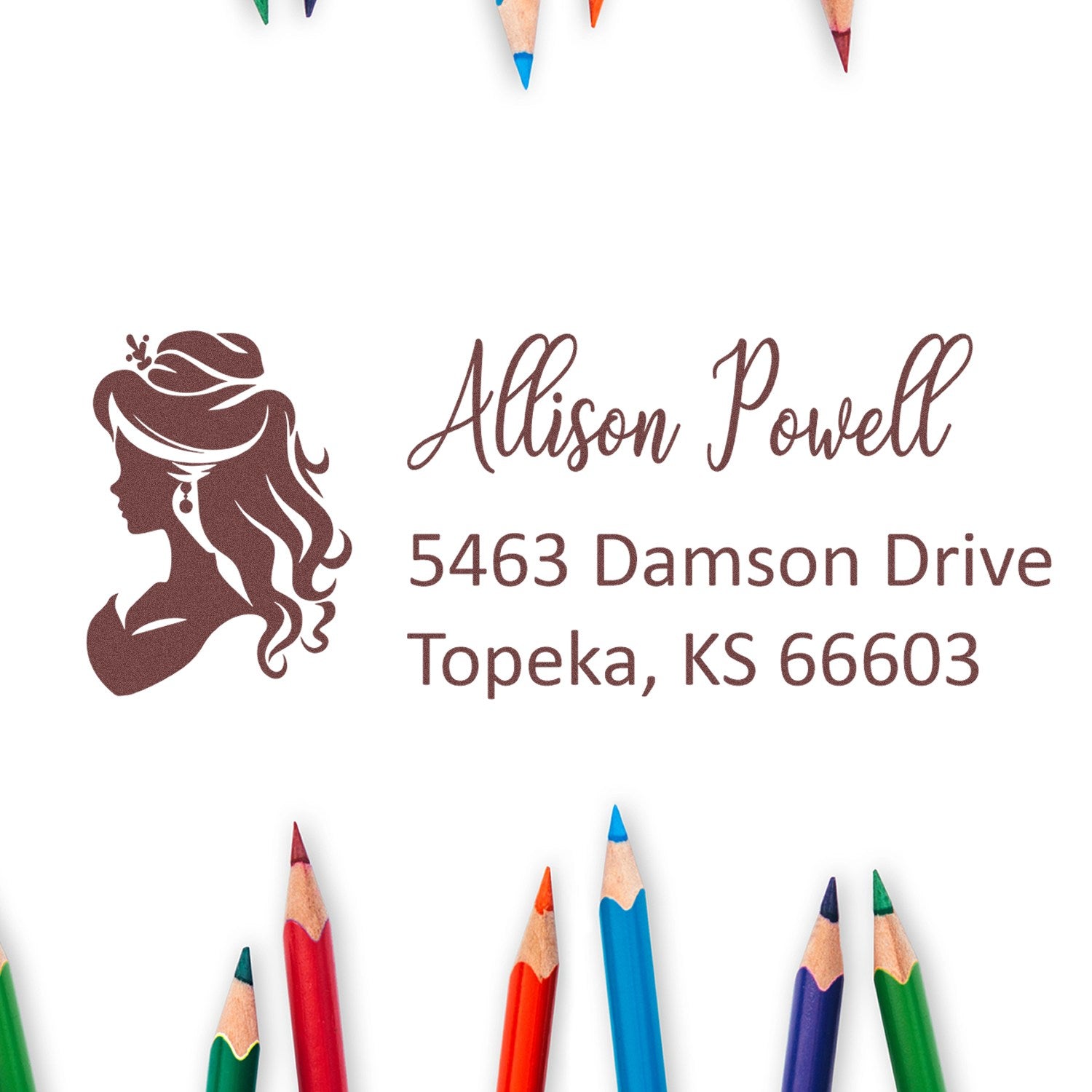 Custom return address rubber stamp with feminine silhouette logo and Allison Powell name and Topeka, KS address for mailing