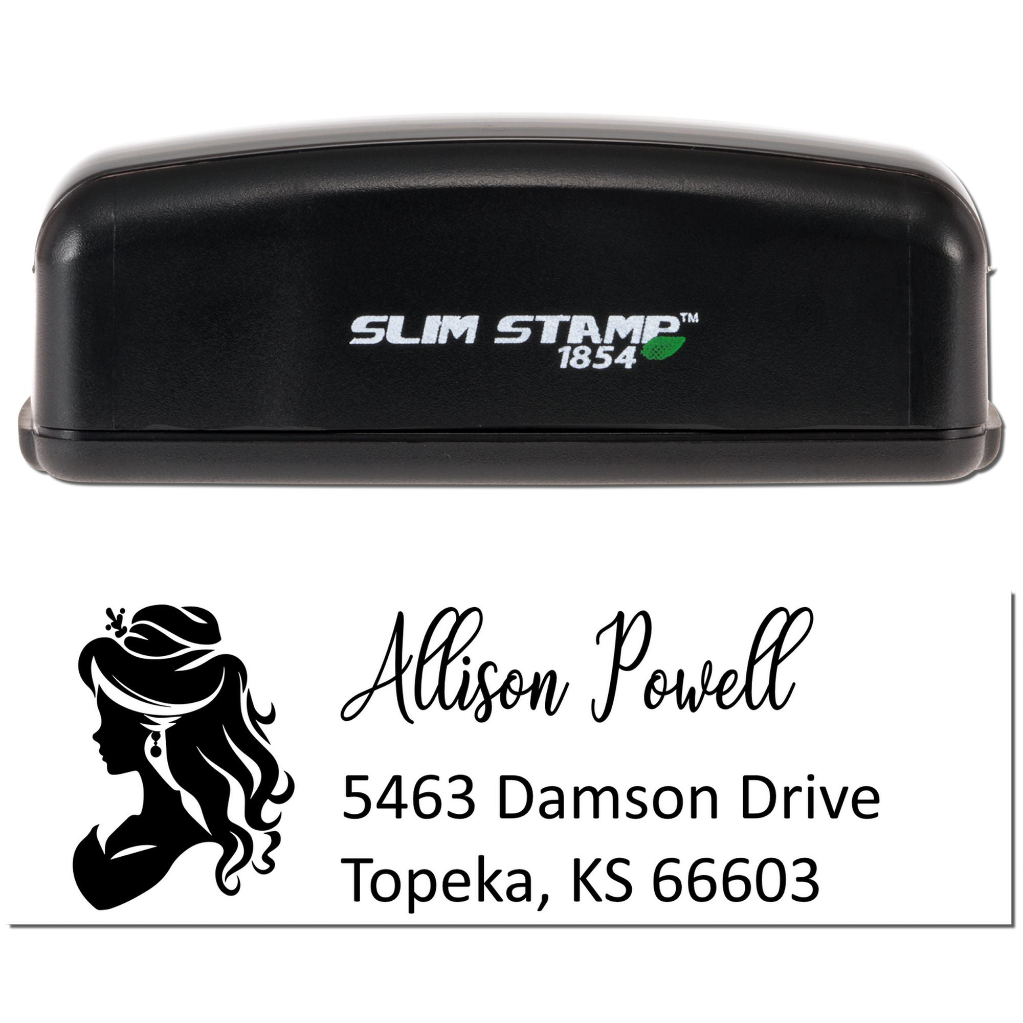 Custom return address rubber stamp, Slim Stamp 1854, featuring female silhouette and Allison Powell, Topeka, KS mailing address.