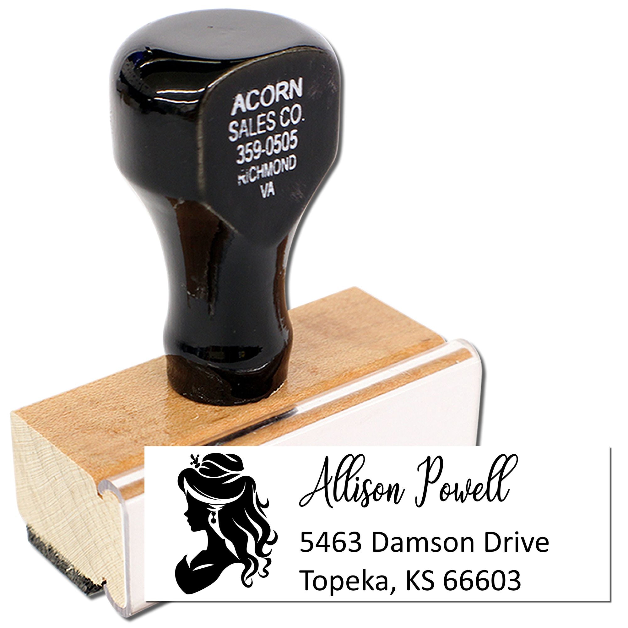 Custom self-inking rubber address stamp with name, return address, and decorative silhouette for personal mailing.