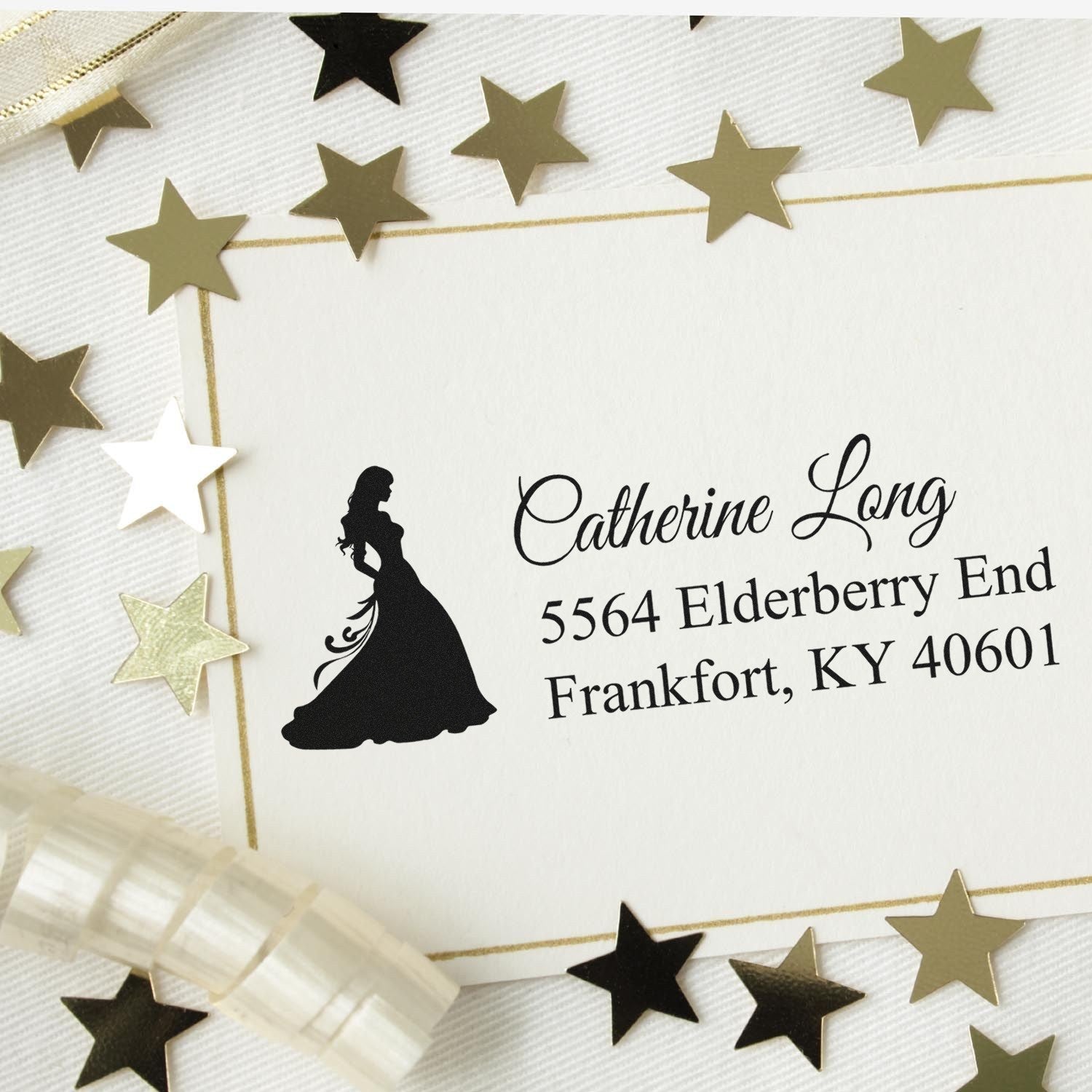 Custom wedding return address rubber stamp with bride silhouette and personalized name and address design