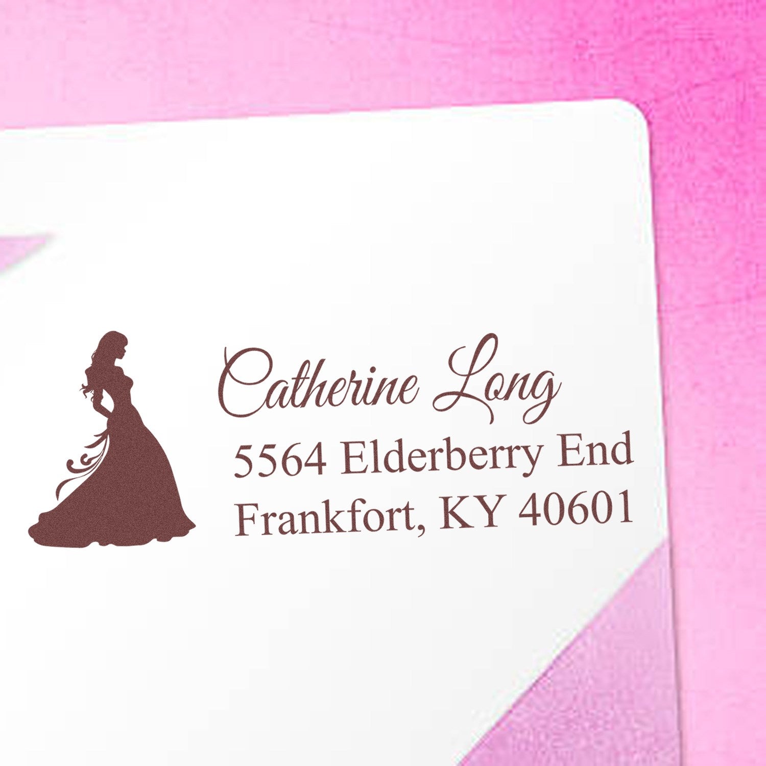Custom return address rubber stamp with silhouette design for Catherine Long, 5564 Elderberry End, Frankfort, KY 40601.