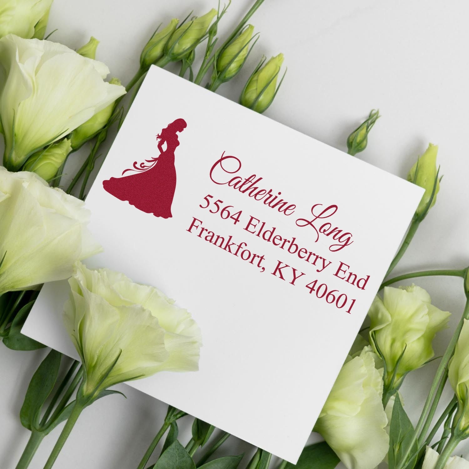 Custom wedding address rubber stamp with bride silhouette for Catherine Long, Frankfort, KY 40601.