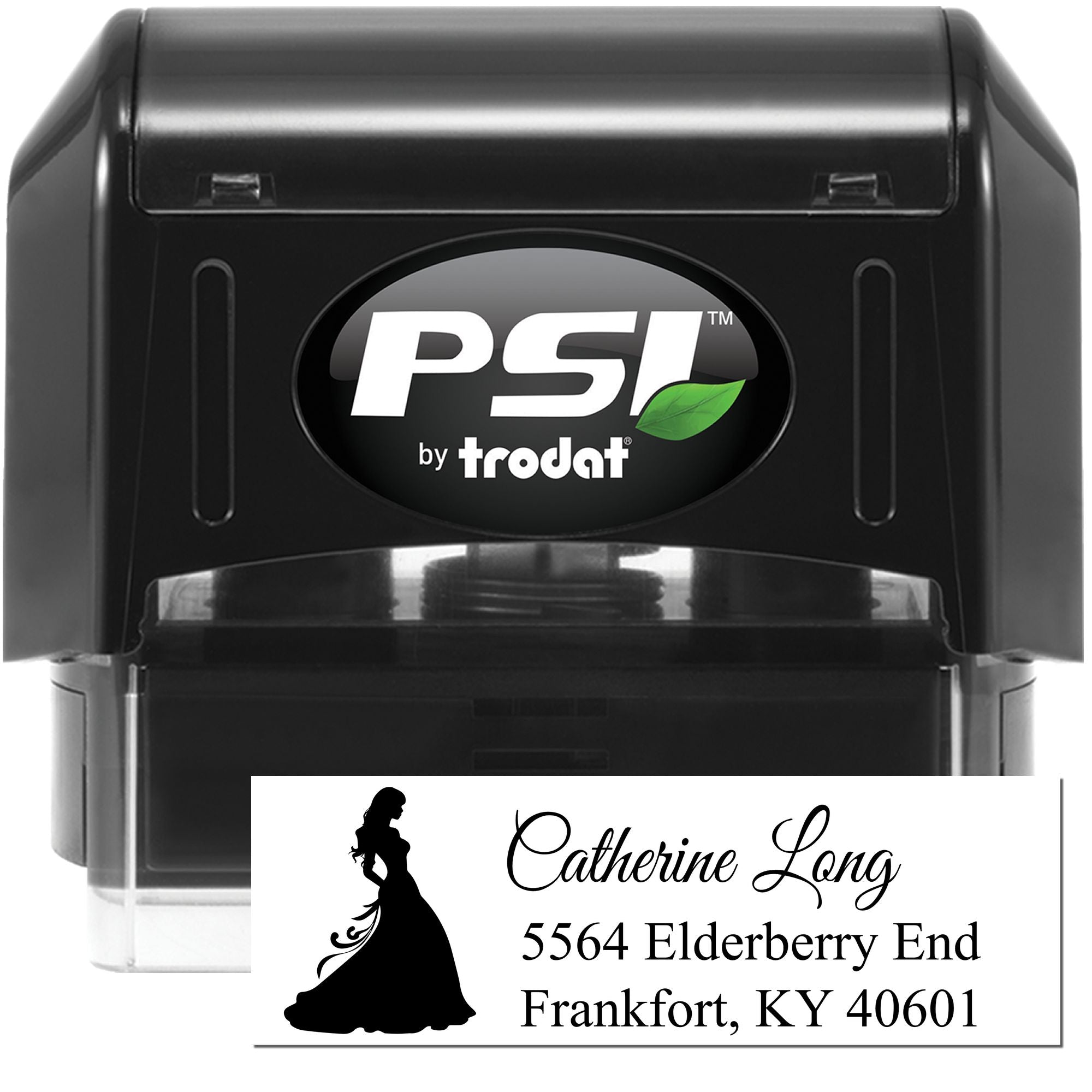 PSI by Trodat self-inking rubber stamp for custom address imprint with silhouette design and personalized name and mailing address