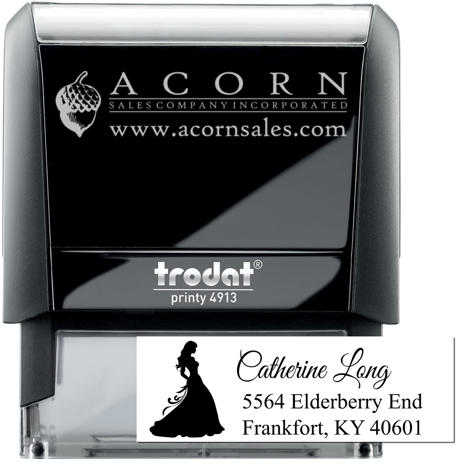 Custom self-inking rubber address stamp with logo and business branding, Trodat Printy 4913
