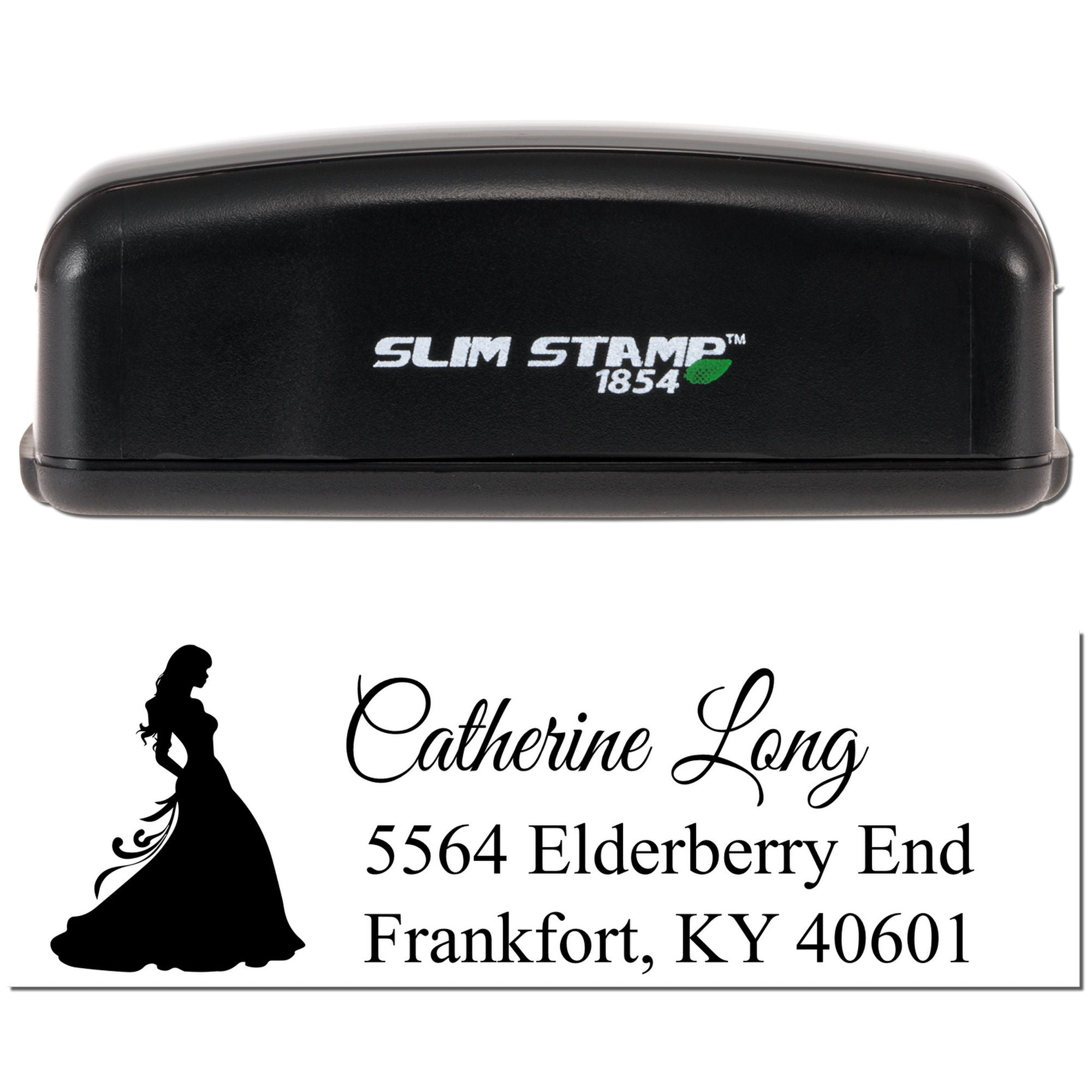 Slim Stamp 1854 custom address rubber stamp with personalized name, address, and silhouette design for mailing labels