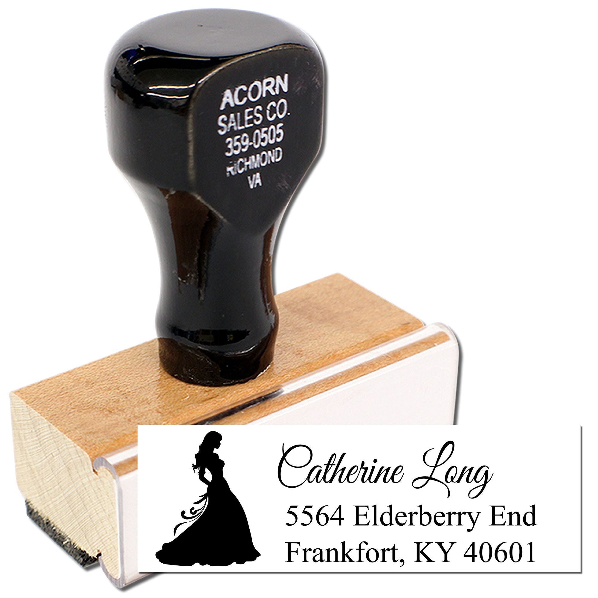 Custom wedding return address rubber stamp with bridal silhouette for personalized invitations and envelopes.