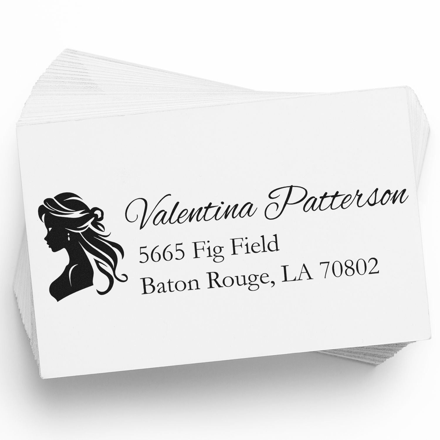 Custom return address rubber stamp with woman silhouette logo and Valentina Patterson, Baton Rouge, LA address
