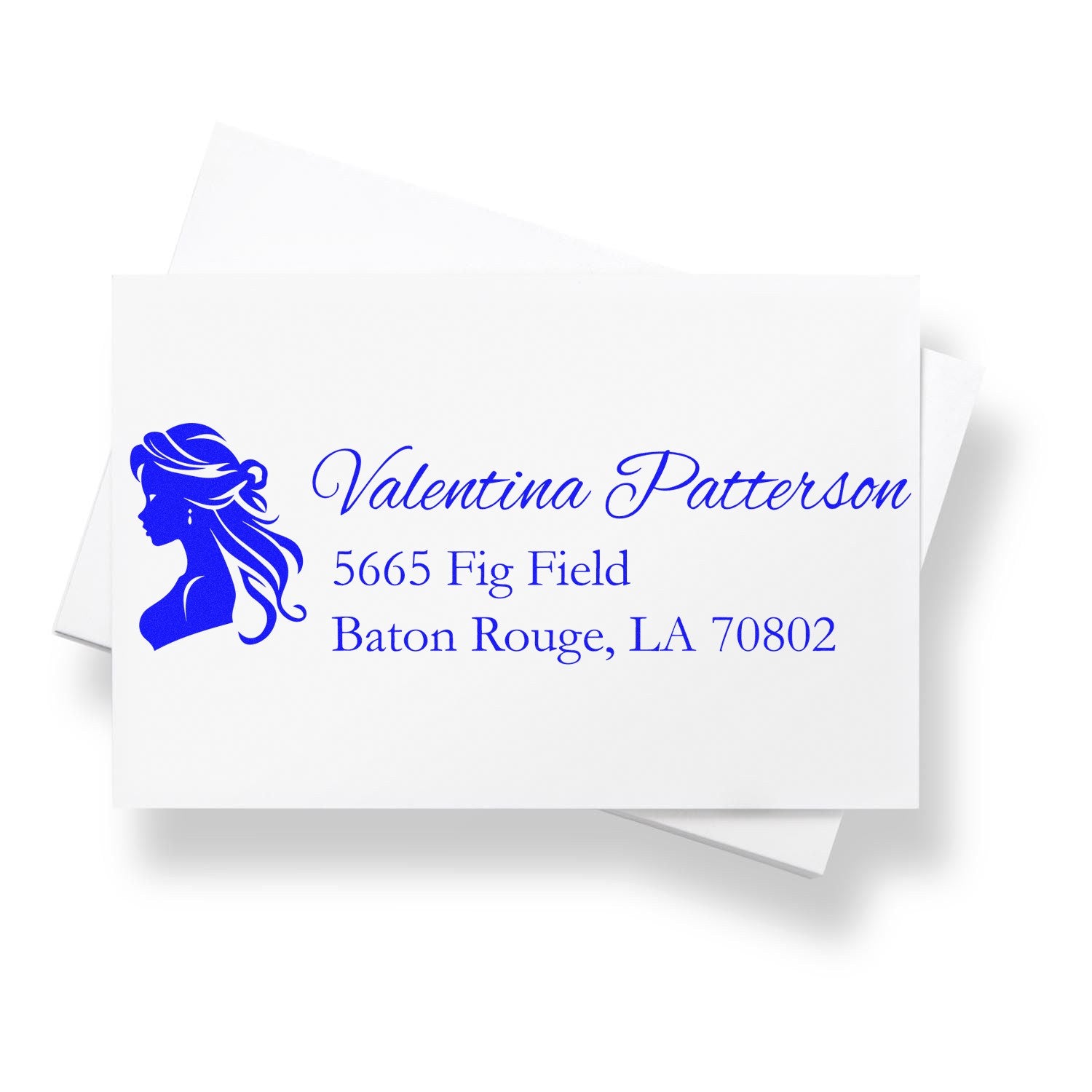 Personalized return address rubber stamp with female profile logo for Valentina Patterson, Baton Rouge, LA 70802.