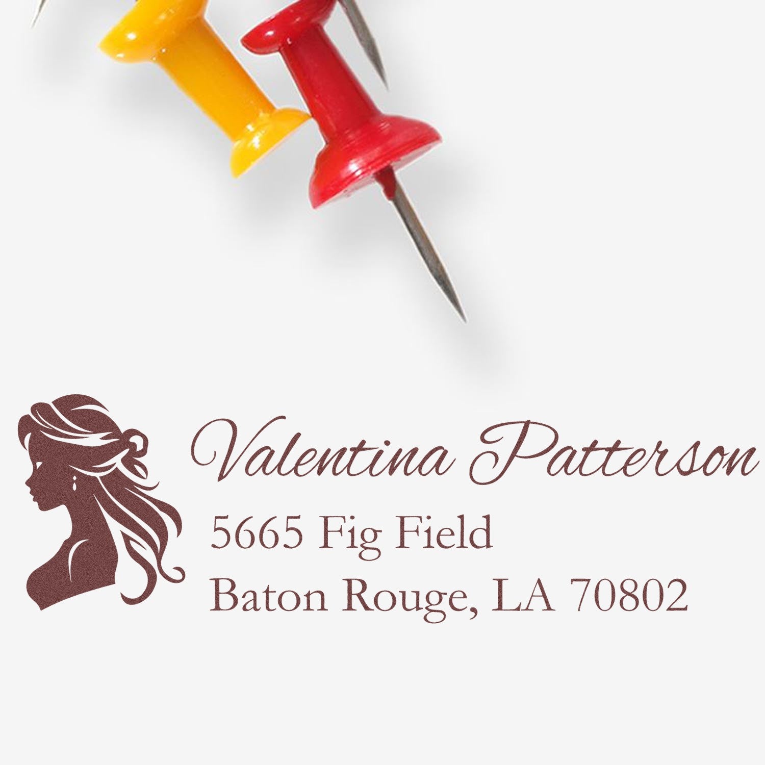 Personalized return address rubber stamp with feminine silhouette logo for envelopes, wedding invitations, and business mailings.