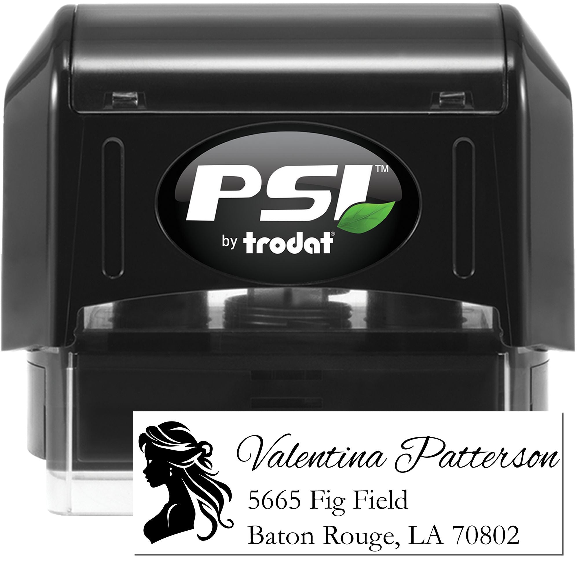 Personalized self-inking rubber address stamp with name and address, PSI by Trodat, for mailing and business use.