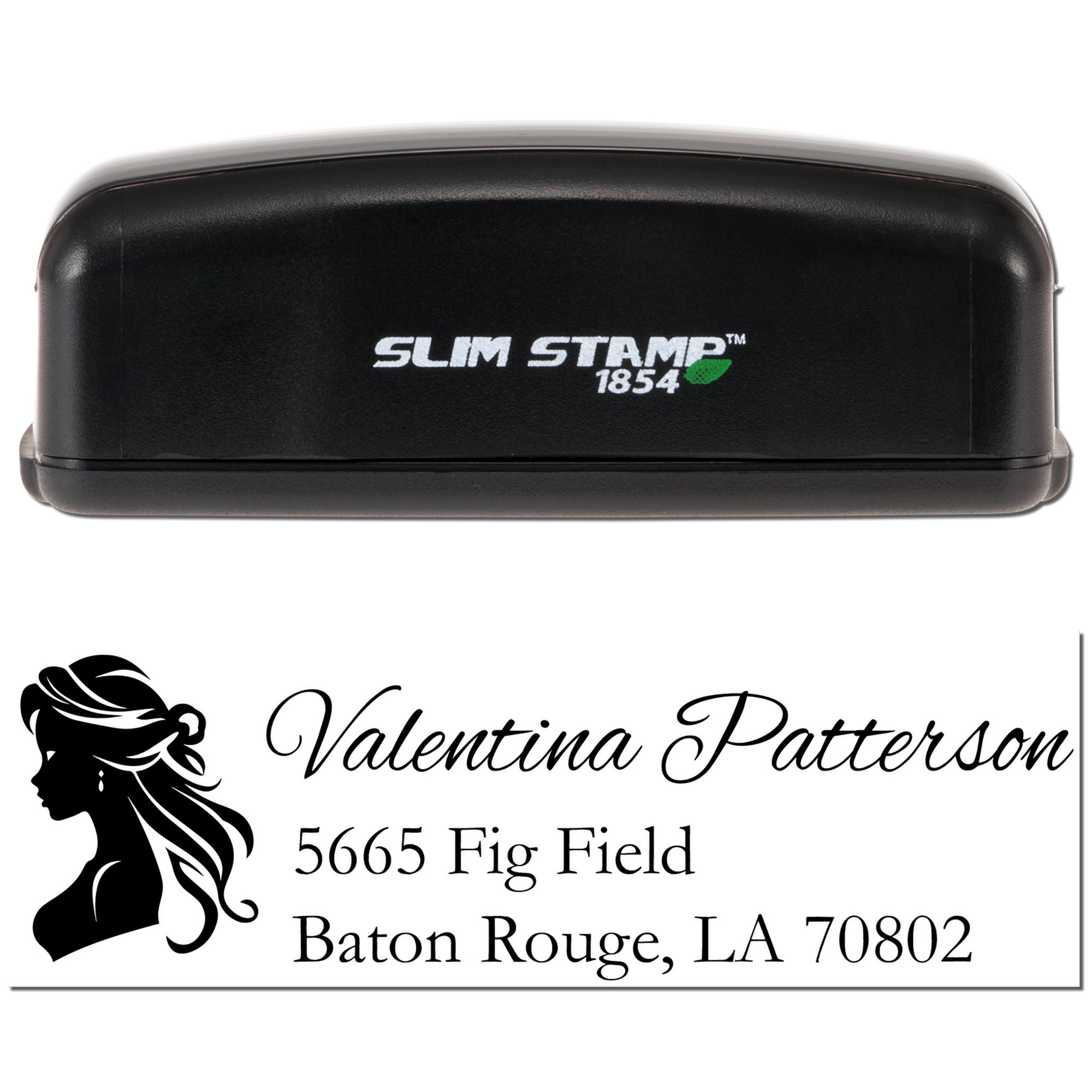 Slim Stamp 1854 custom self-inking address stamp with silhouette logo and personalized name and Baton Rouge, LA address.