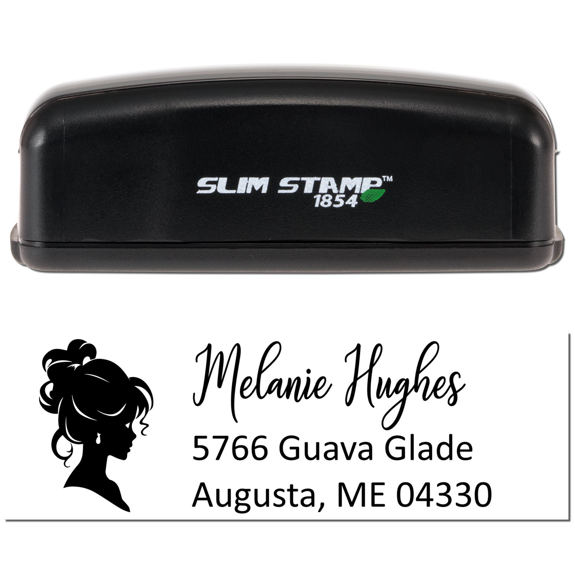 Personalized self-inking Slim Stamp 1854 rubber stamp with custom name, address, and logo for mailing use