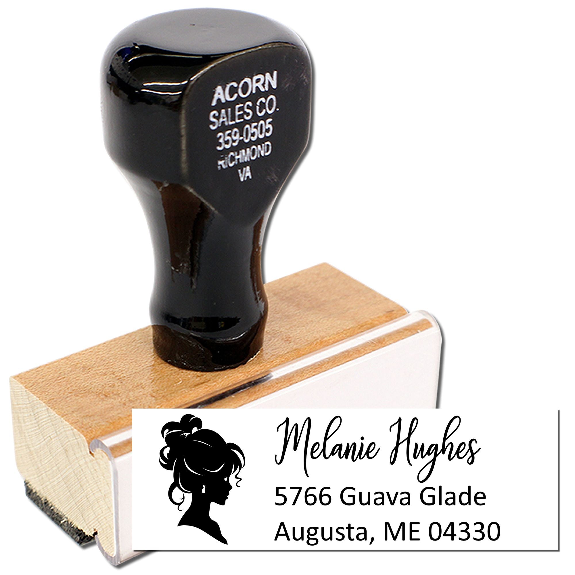 Personalized return address rubber stamp with female silhouette for Melanie Hughes, Augusta, ME 04330.