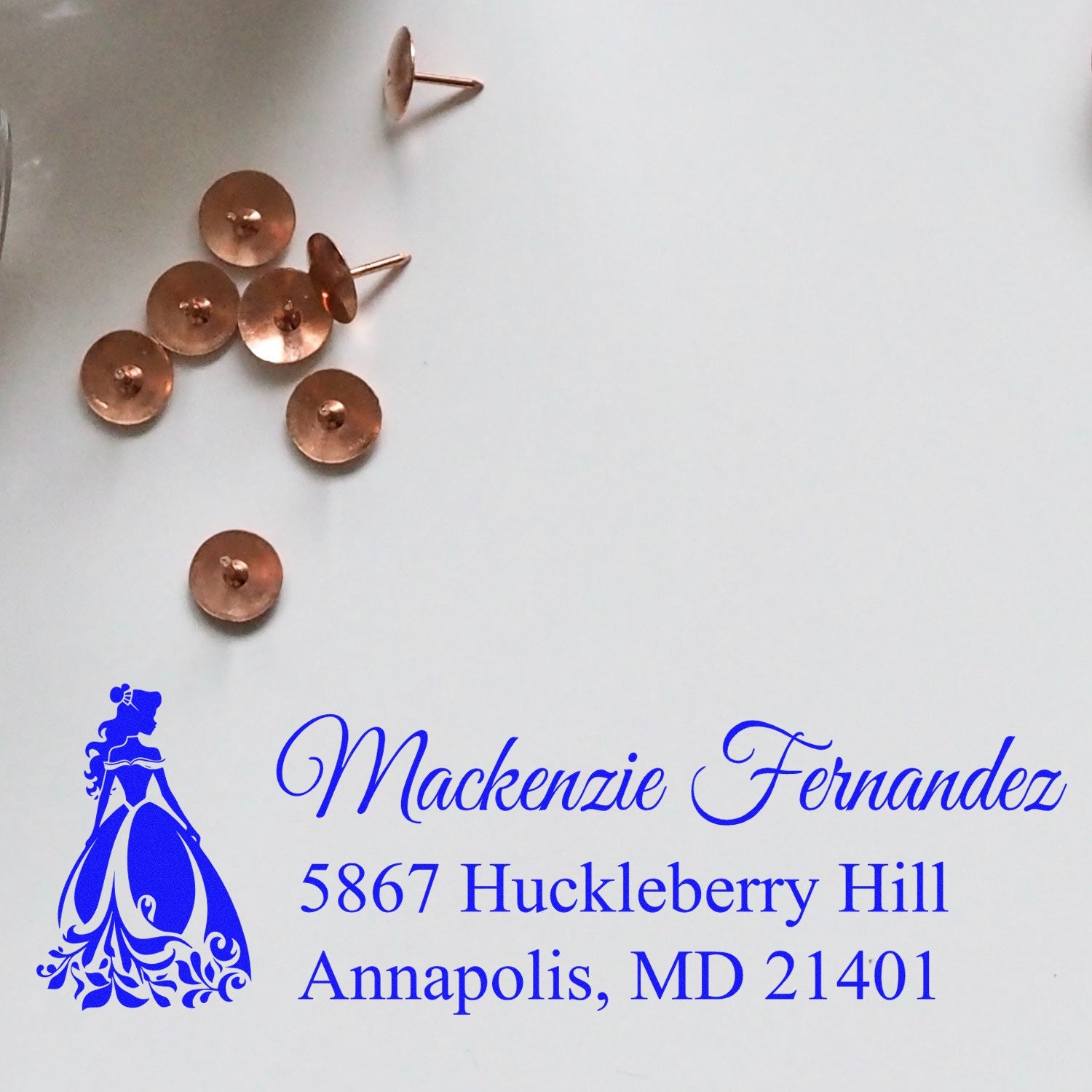 Custom return address rubber stamp with princess design for MacKenzie Fernandez, Annapolis, MD.