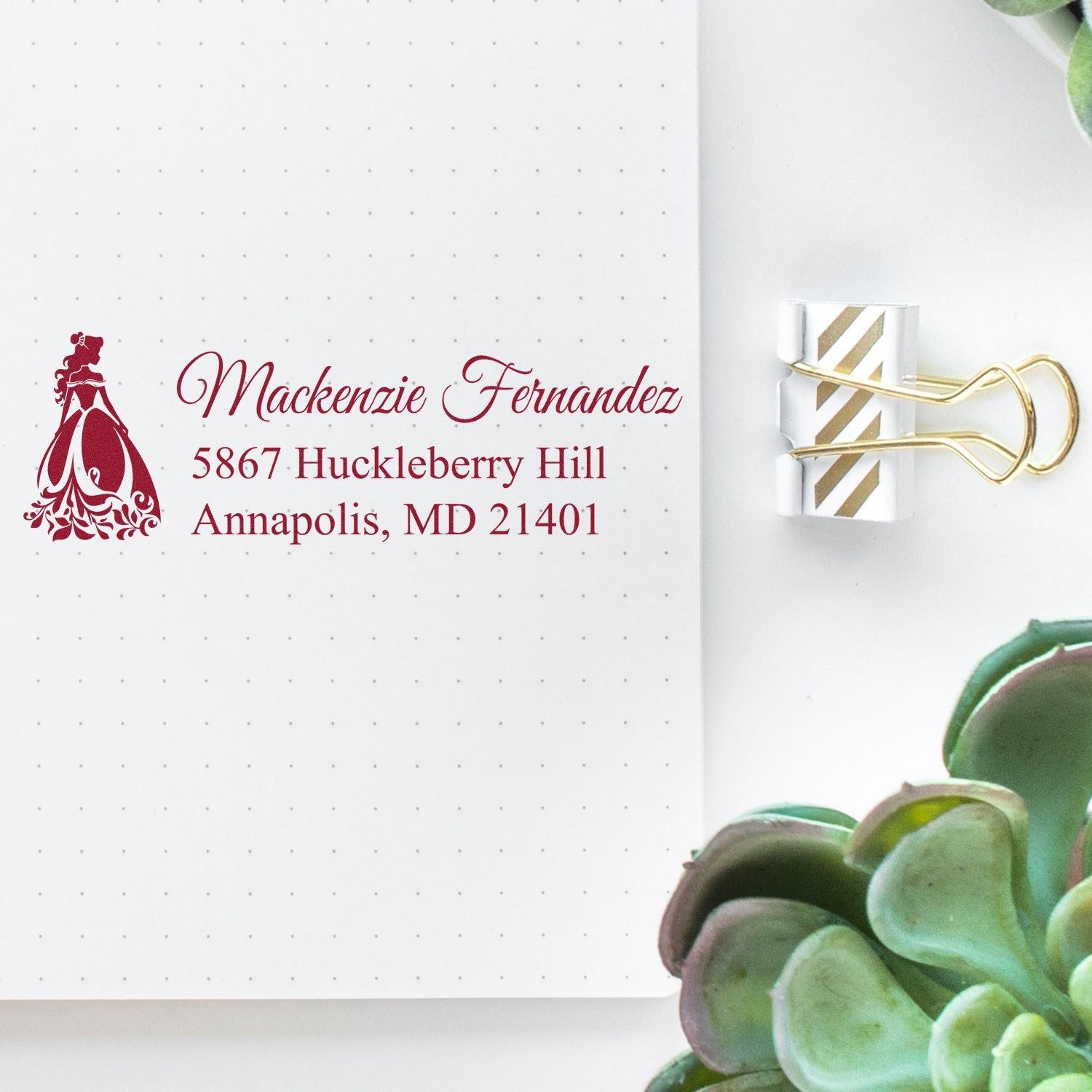 Custom return address rubber stamp with princess silhouette, featuring Mackenzie Fernandez, Annapolis, MD for wedding invitations.
