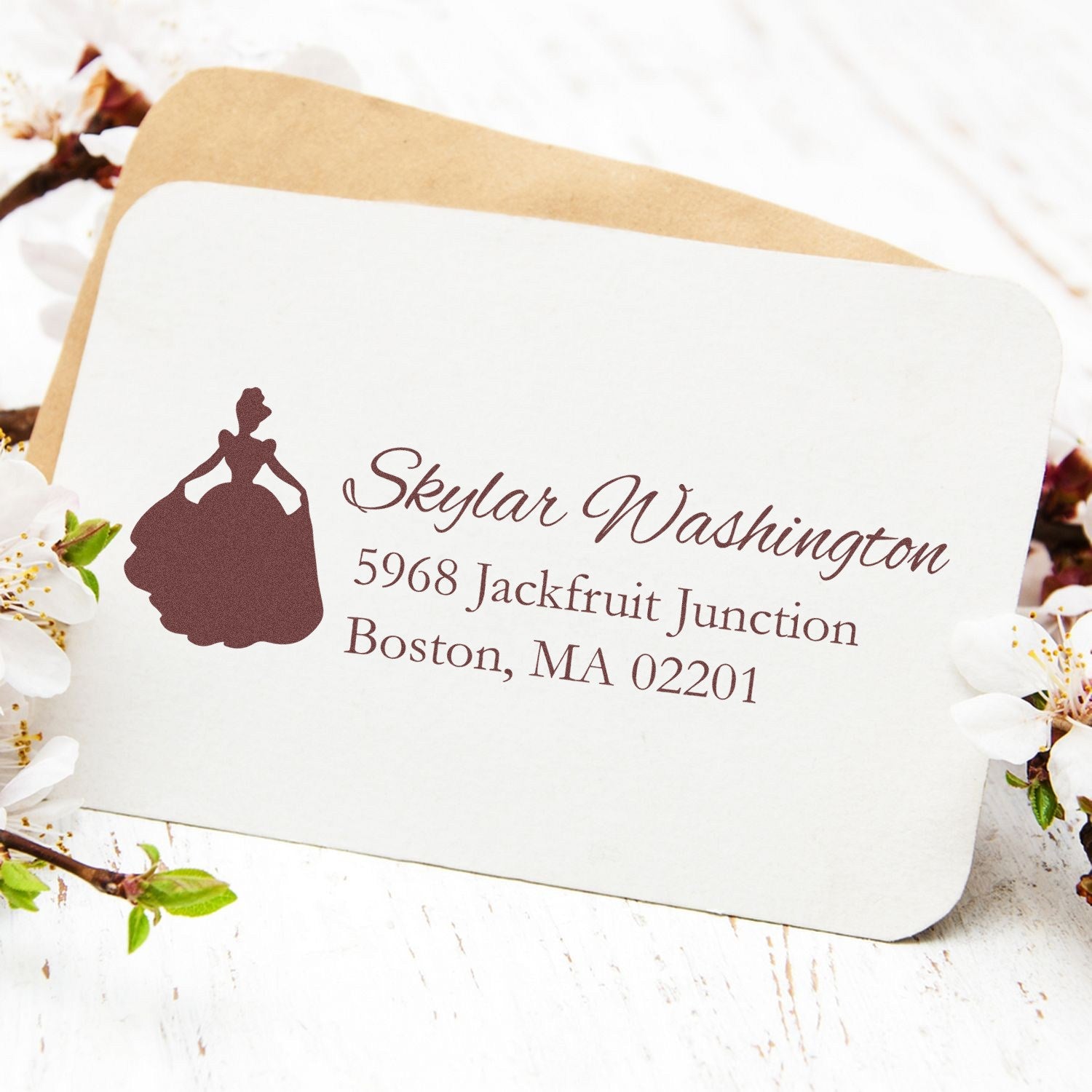 Custom return address rubber stamp with princess silhouette for wedding invitations, featuring a Boston, MA address.