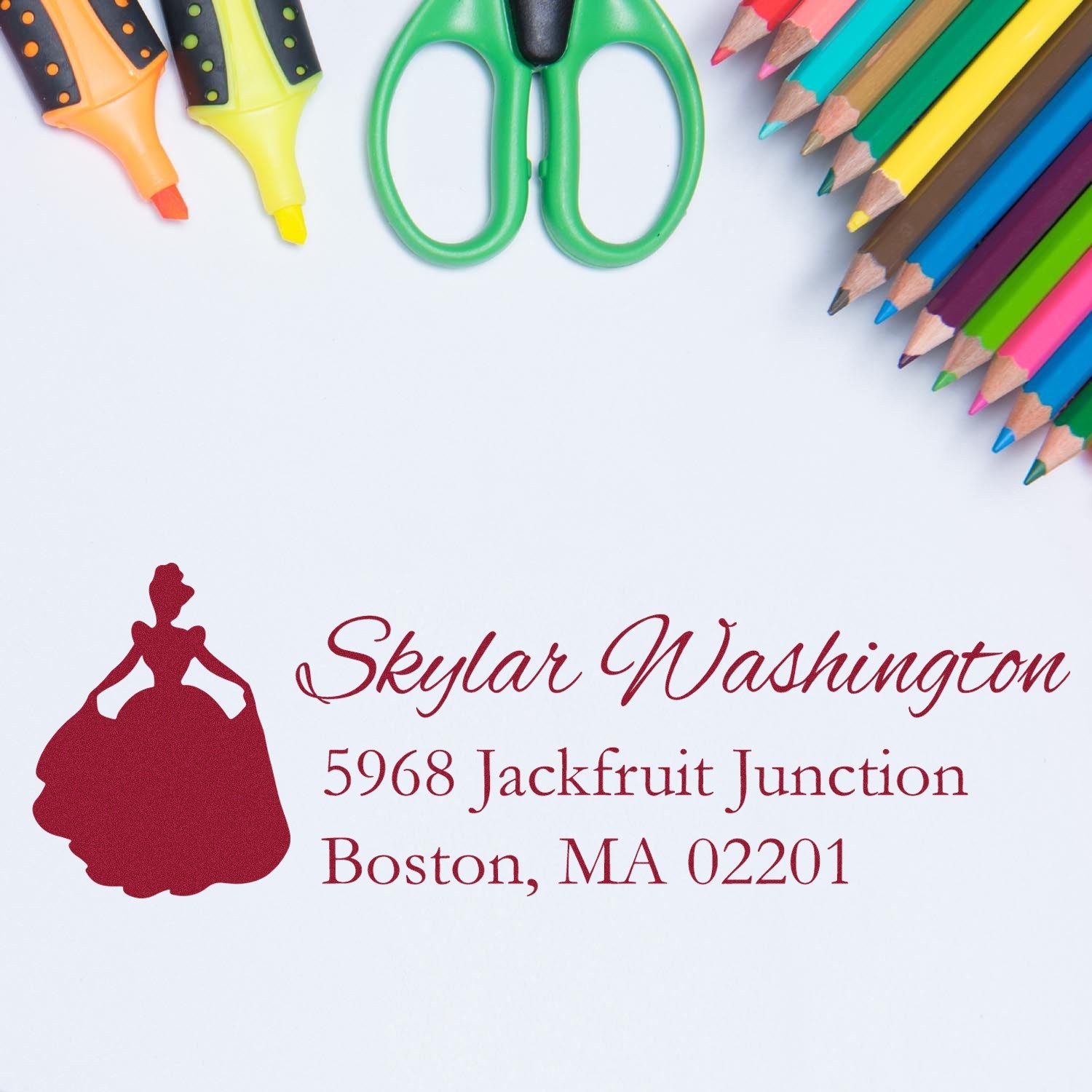 Custom address rubber stamp with princess silhouette, personalized name, and Boston, MA mailing address.