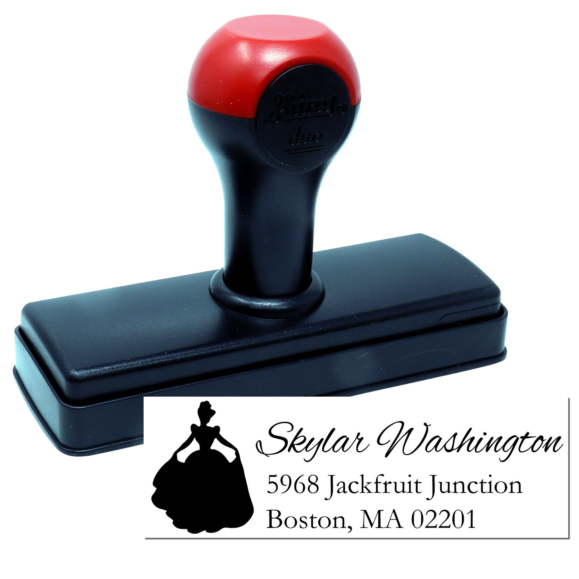 Custom self-inking rubber stamp with personalized address imprint for business envelopes and return mailing.