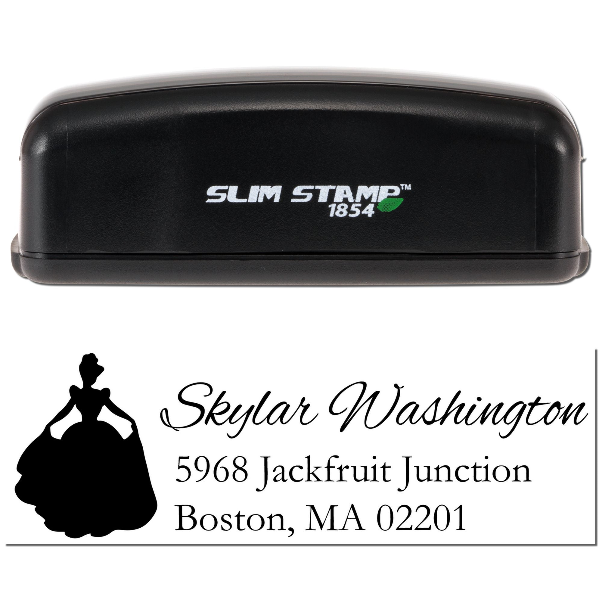 Slim Stamp 1854 self-inking rubber address stamp with custom wedding design for Skylar Washington, Boston MA 02201.