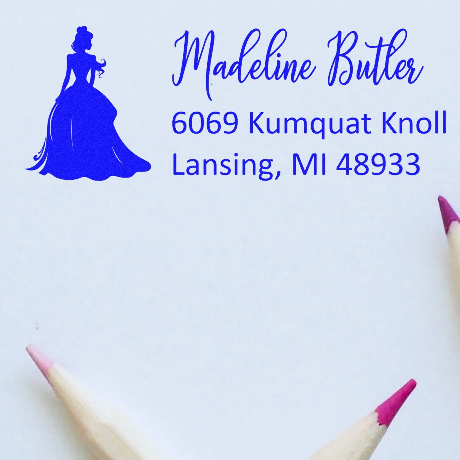 Custom return address rubber stamp with princess silhouette, personalized for Madeline Butler, Lansing, MI 48933.