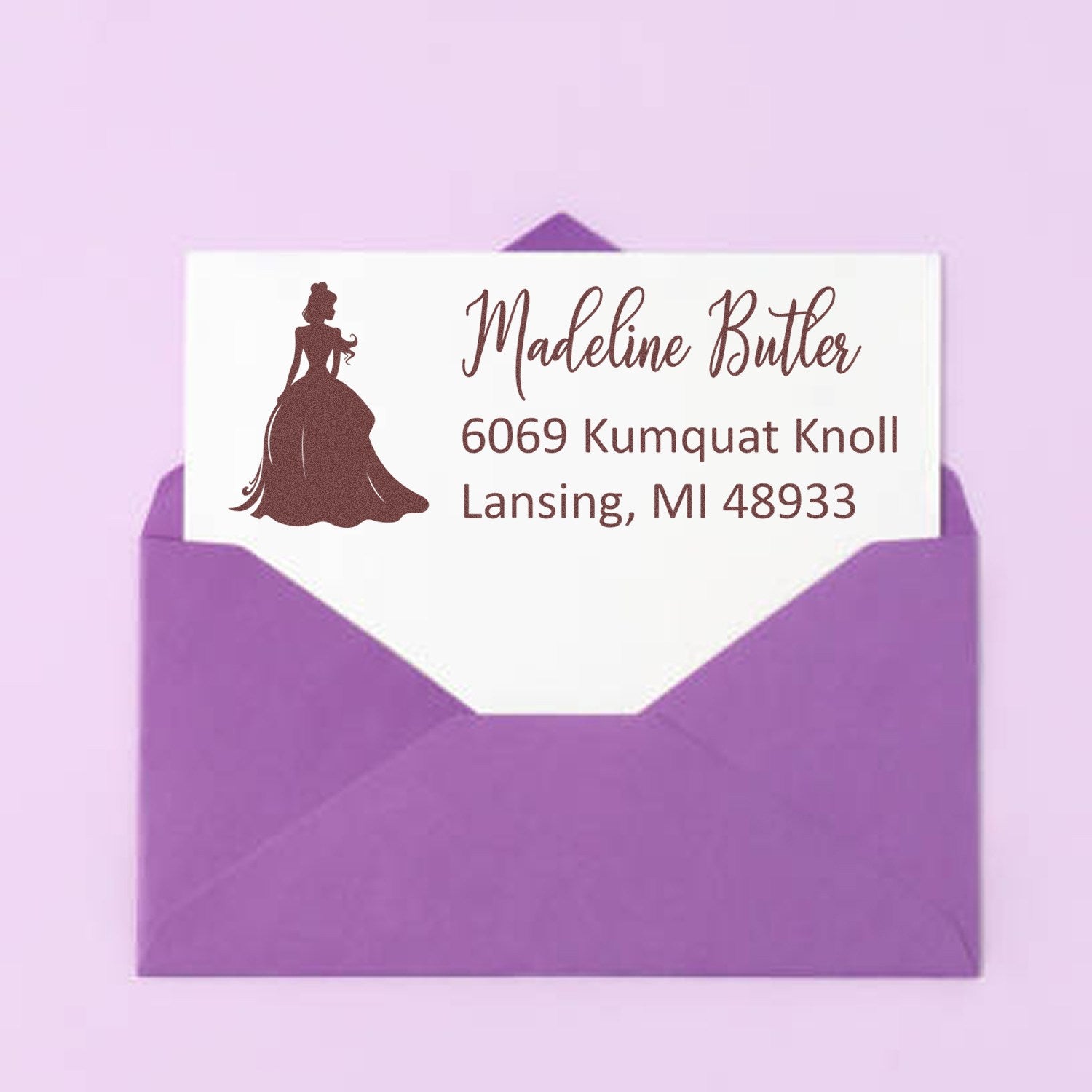 Personalized princess silhouette return address rubber stamp for wedding invitations and envelopes