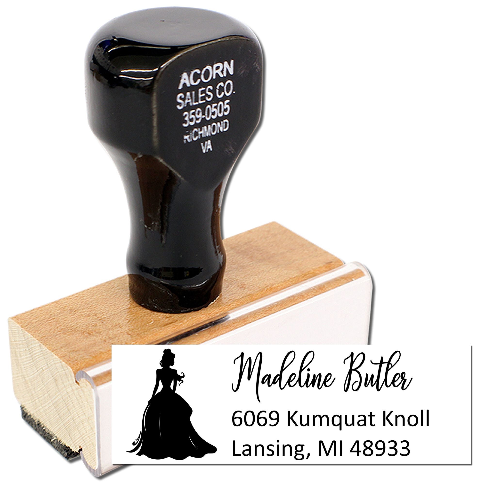 Custom return address rubber stamp with personalized name, logo, and Lansing, MI address for business mail.