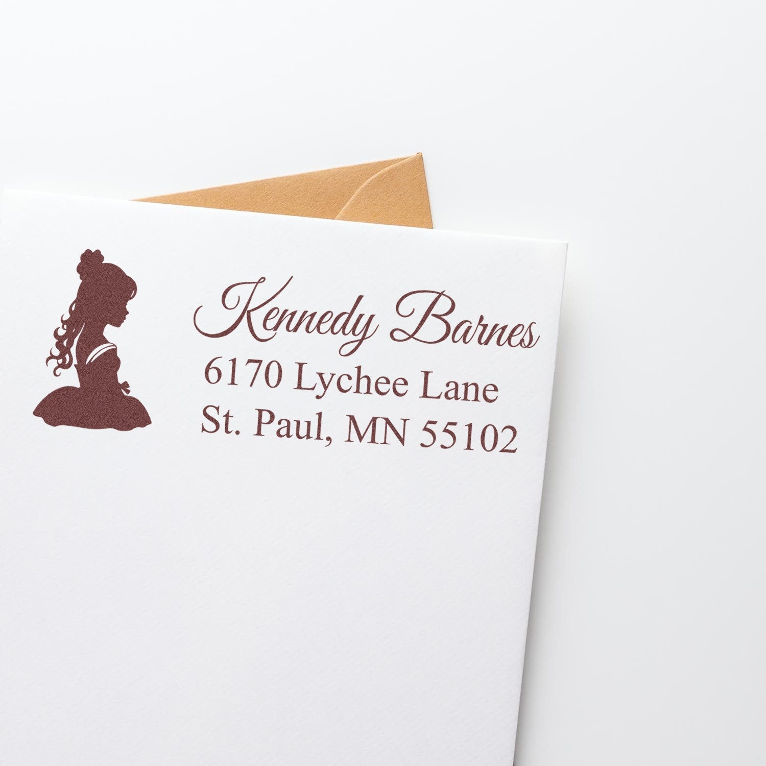 Personalized rubber stamp return address for envelopes with girl silhouette, Kennedy Barnes, 6170 Lychee Lane, St. Paul, MN.