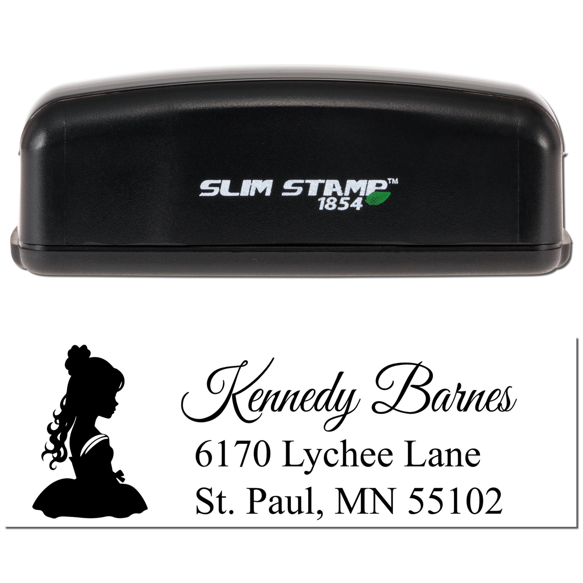 Custom return address rubber stamp with woman silhouette, Kennedy Barnes, 6170 Lychee Lane, St. Paul, MN 55102, Slim Stamp 1854