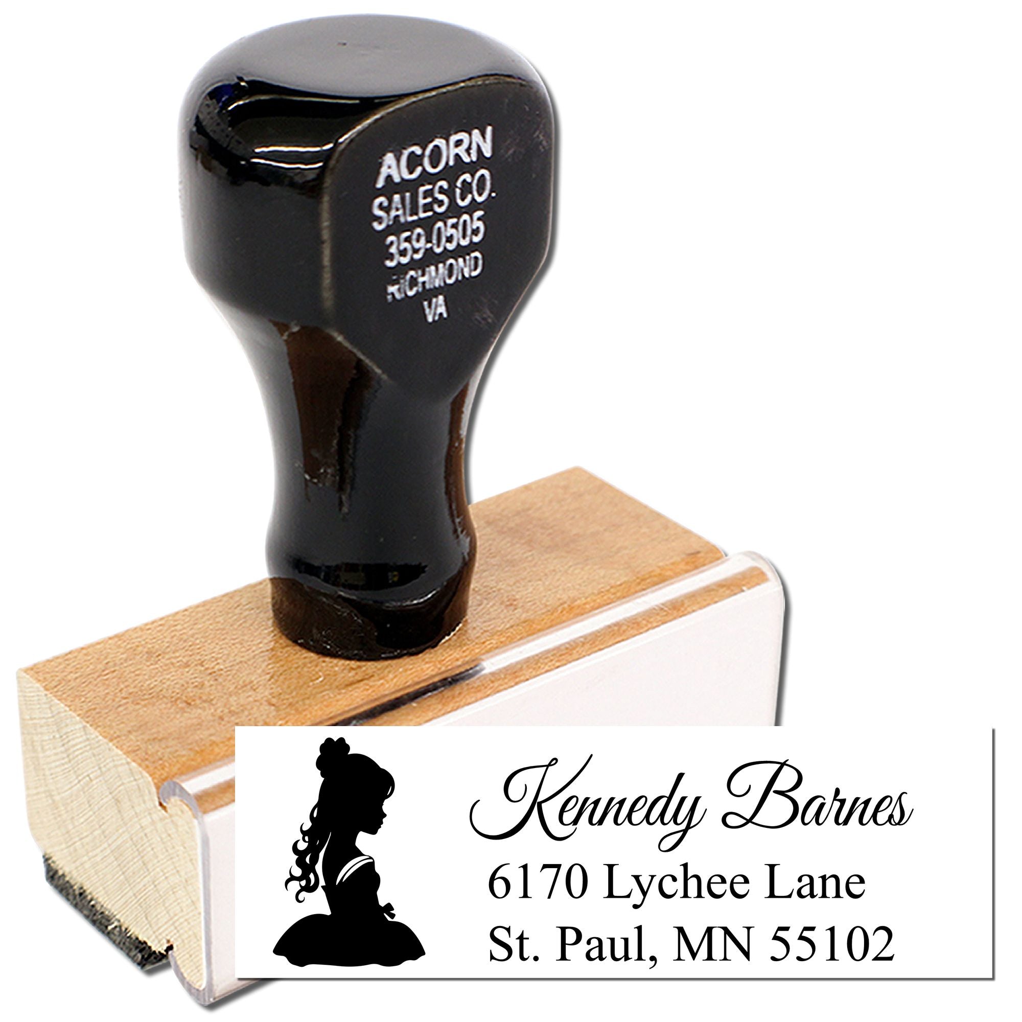 Custom rubber return address stamp with name, address and silhouette logo for personalized business mailing.