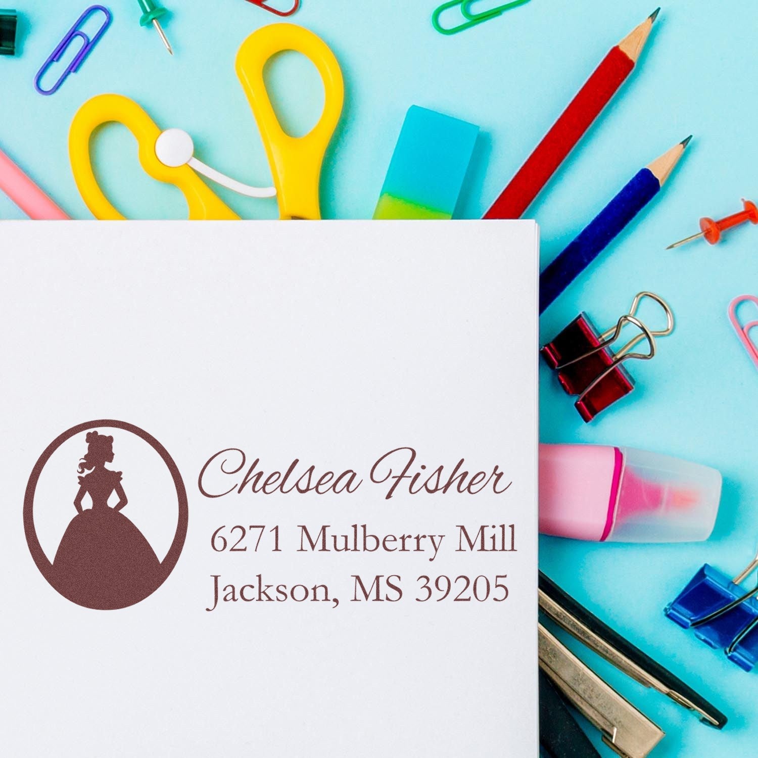 Custom return address rubber stamp with bride silhouette, name and address on stationery, ideal for wedding invitations and mailing.