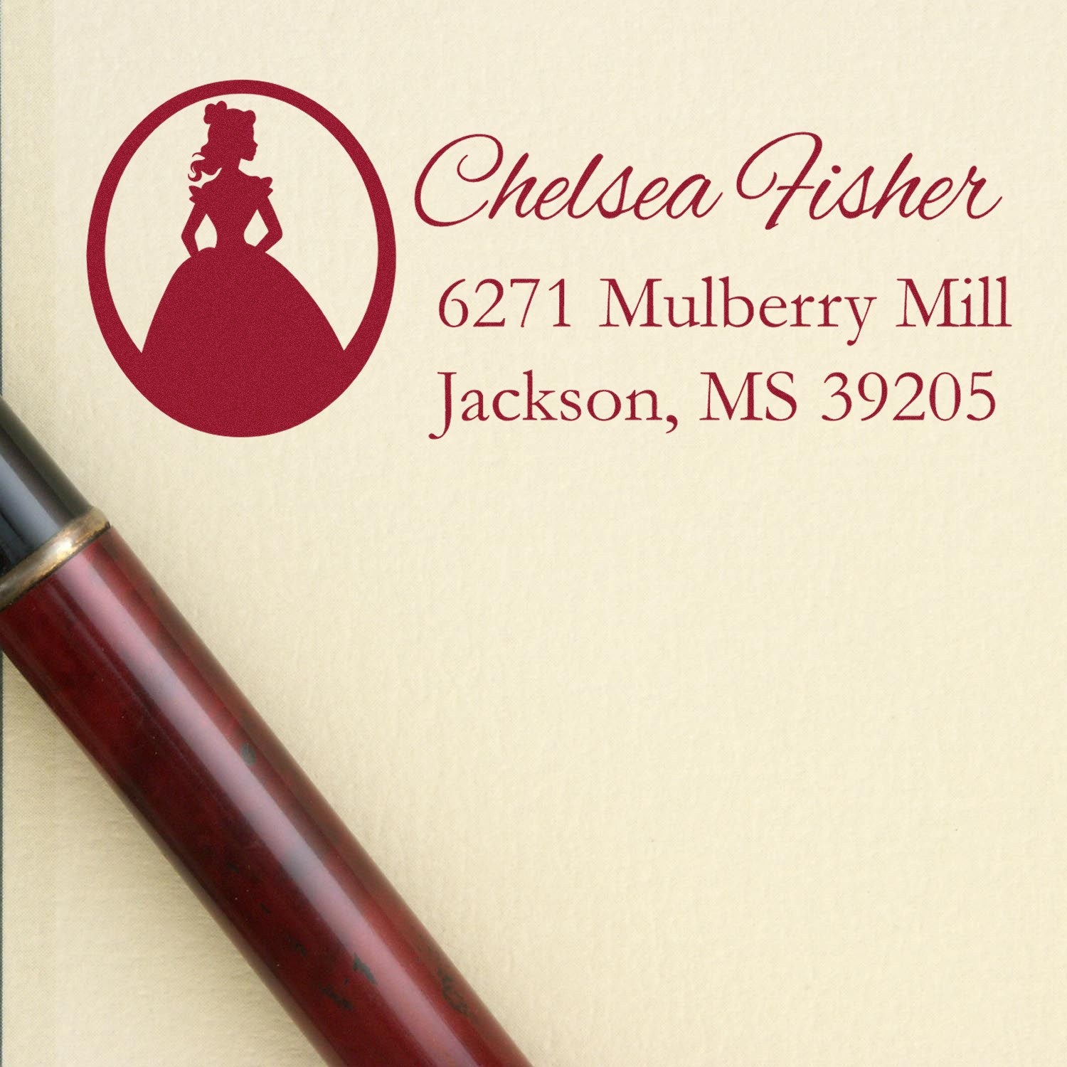 Personalized return address rubber stamp with bride silhouette, Chelsea Fisher, 6271 Mulberry Mill, Jackson, MS 39205