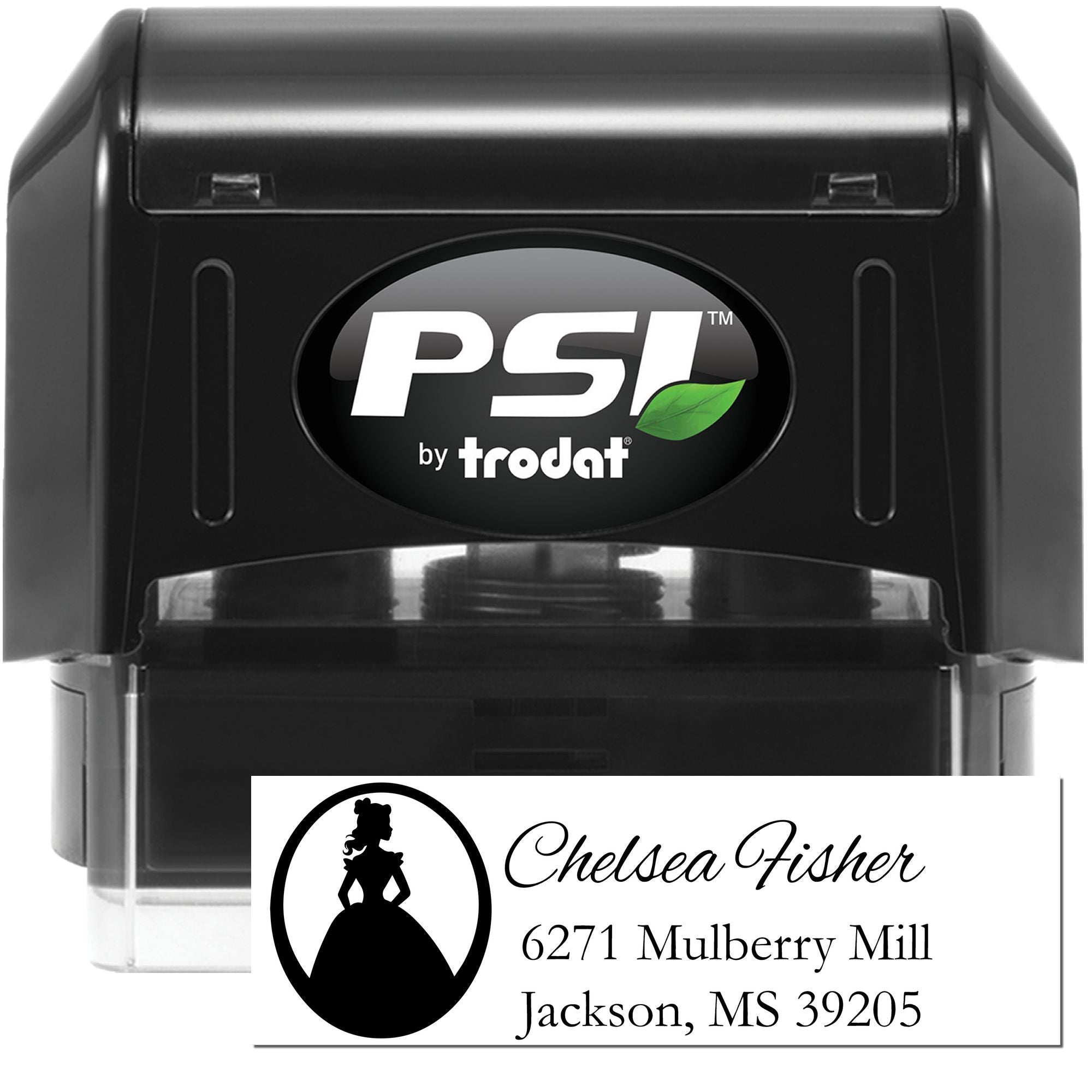 PSI by Trodat self-inking rubber stamp with custom return address imprint sample for mailing.
