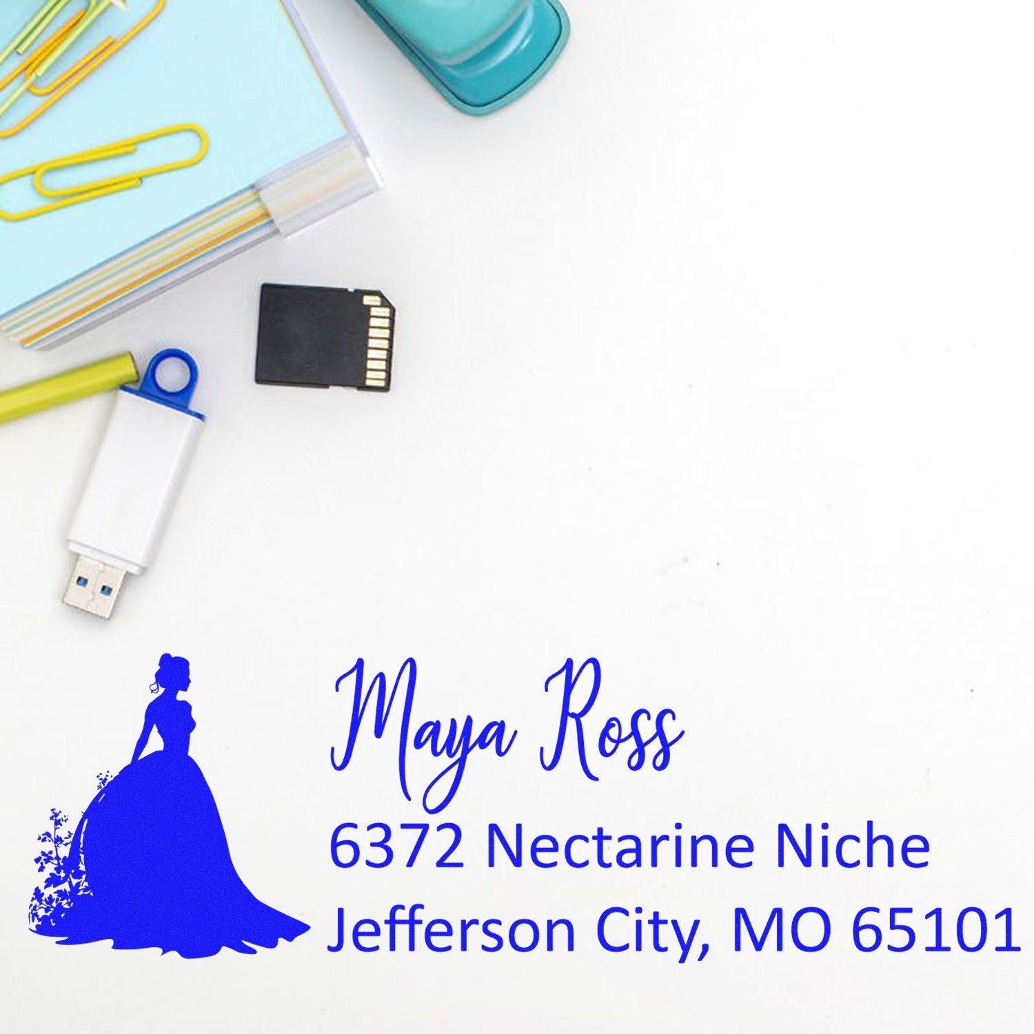 Personalized return address rubber stamp with silhouette design for Maya Ross, 6372 Nectarine Niche, Jefferson City, MO 65101.