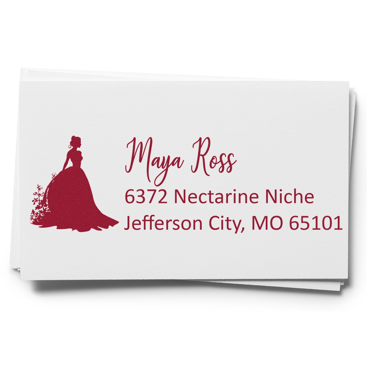Custom return address rubber stamp with bride silhouette, personalized for Maya Ross in Jefferson City, MO.