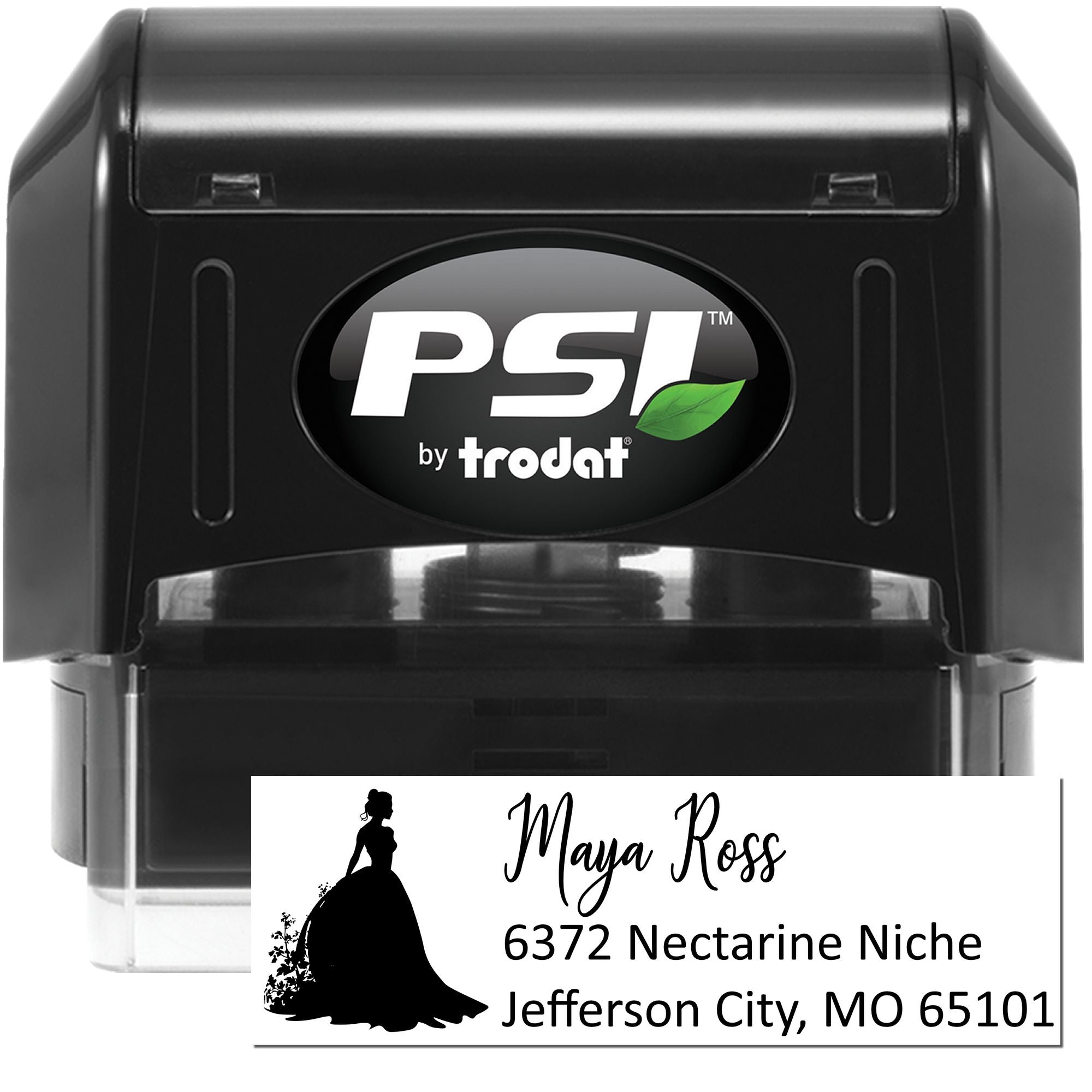 Personalized self-inking address rubber stamp by PSI Trodat with custom name, address, and silhouette design.