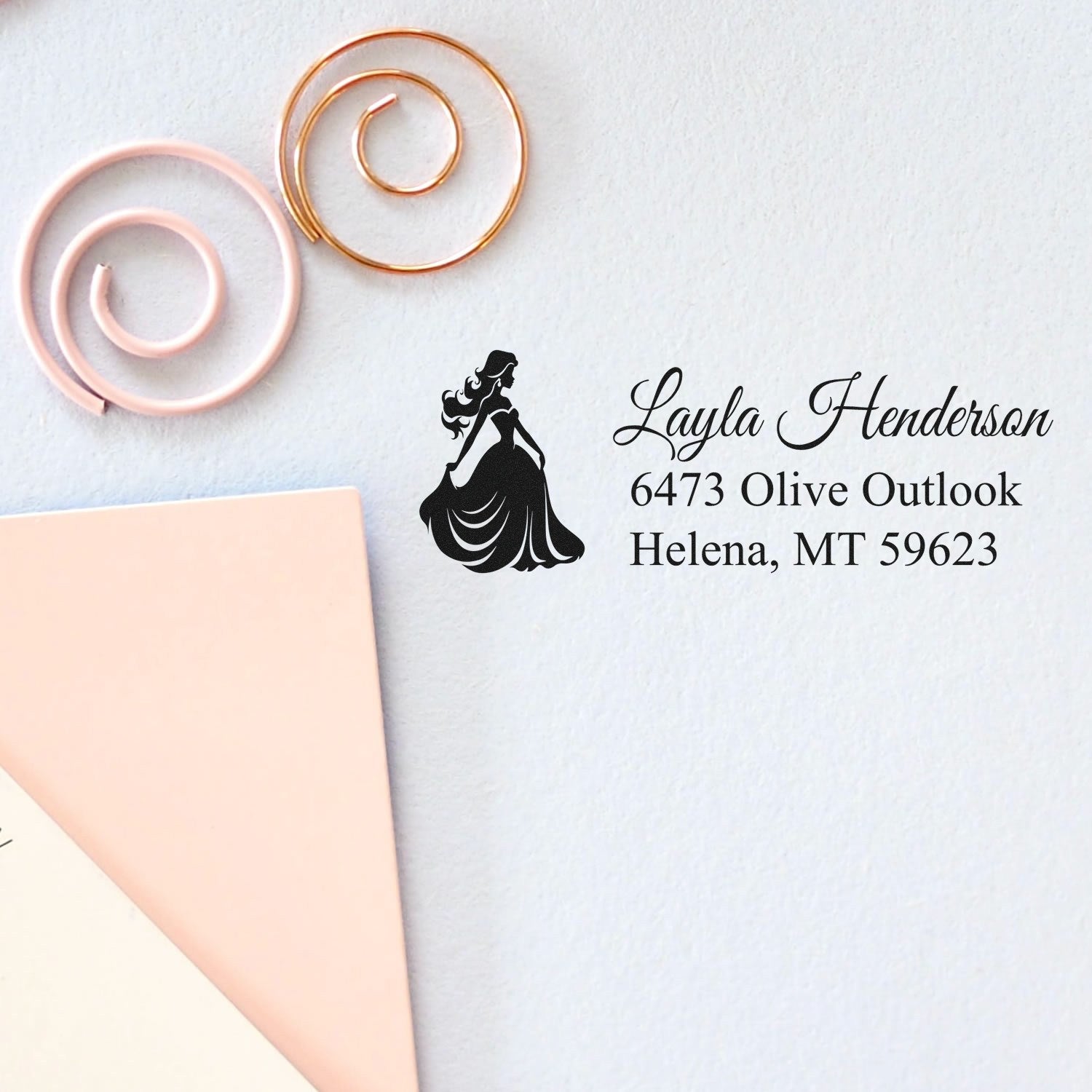 Custom return address rubber stamp with elegant woman silhouette, personalized name and address for wedding or stationery envelopes.