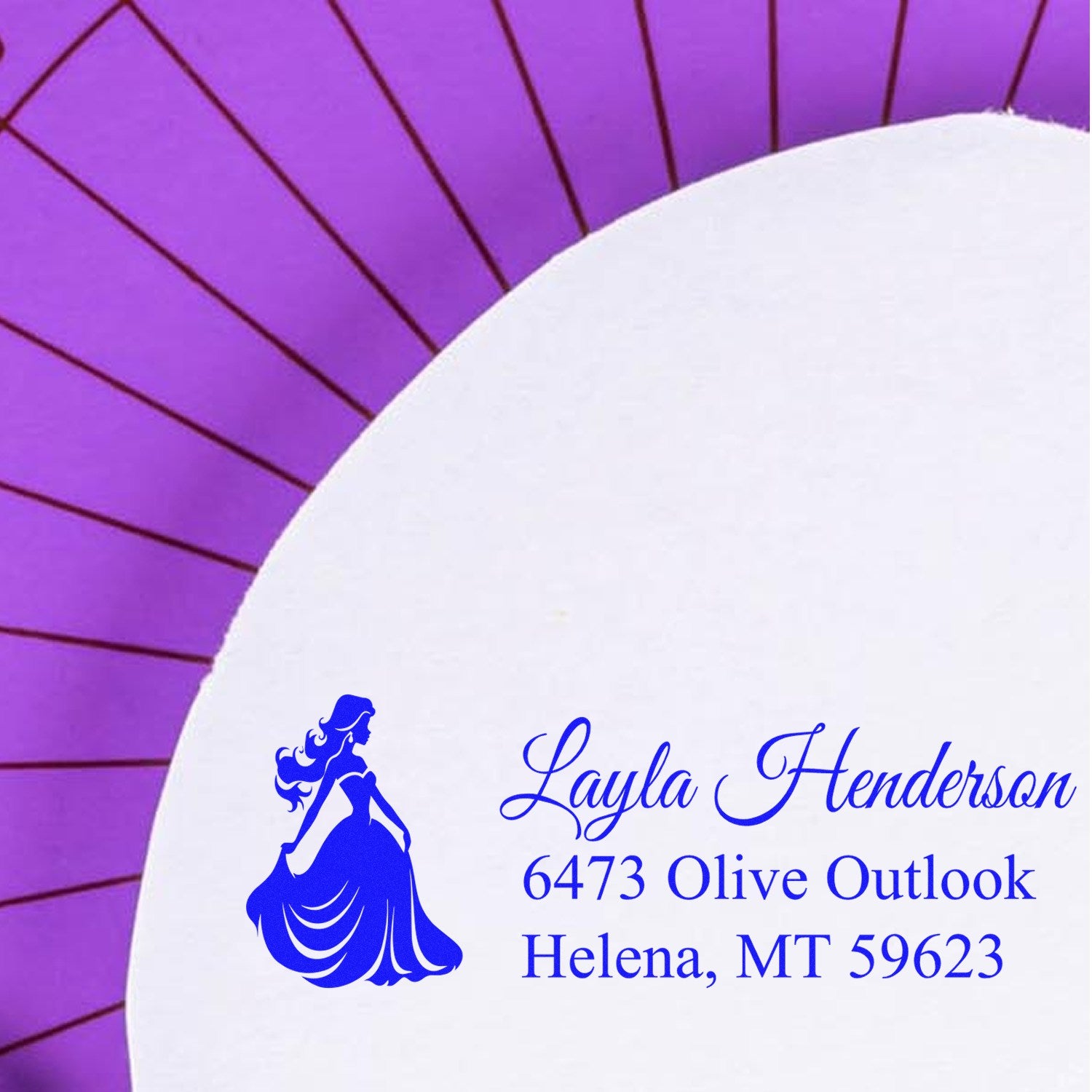 Personalized return address rubber stamp with princess silhouette for wedding invitations, featuring Layla Henderson mailing details.