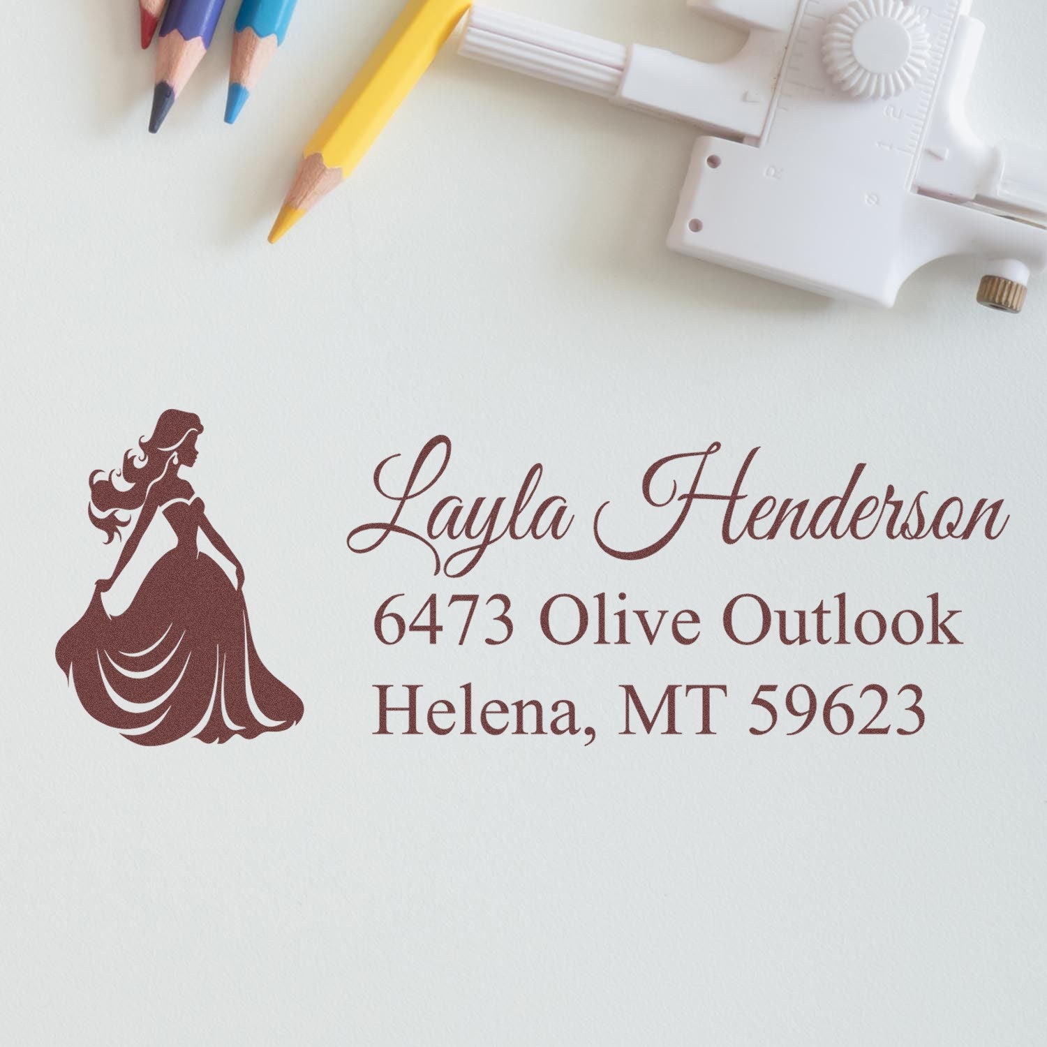 Custom self-inking address rubber stamp with princess silhouette for Layla Henderson, Helena, MT 59623