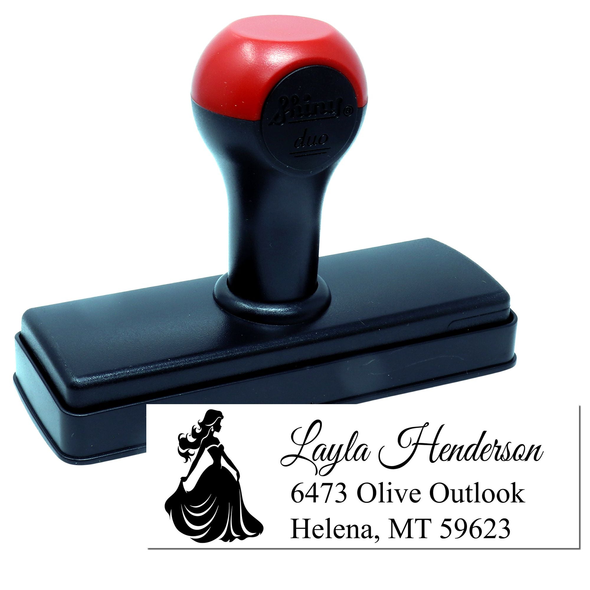 Custom self-inking return address rubber stamp with name, address, and elegant woman logo for personalized mailings.