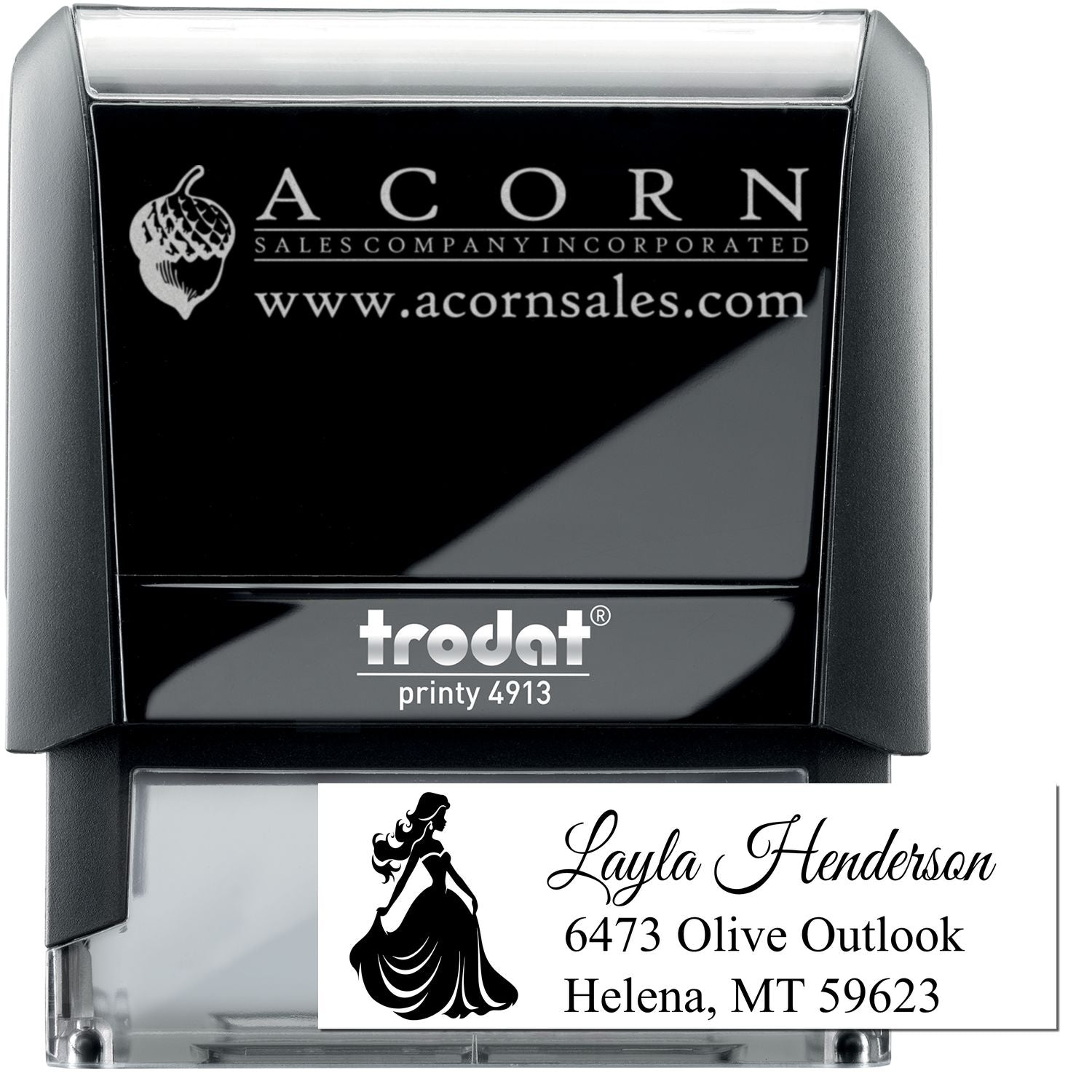Custom self-inking rubber address stamp with logo and return address, Trodat Printy 4913 for business mailing.