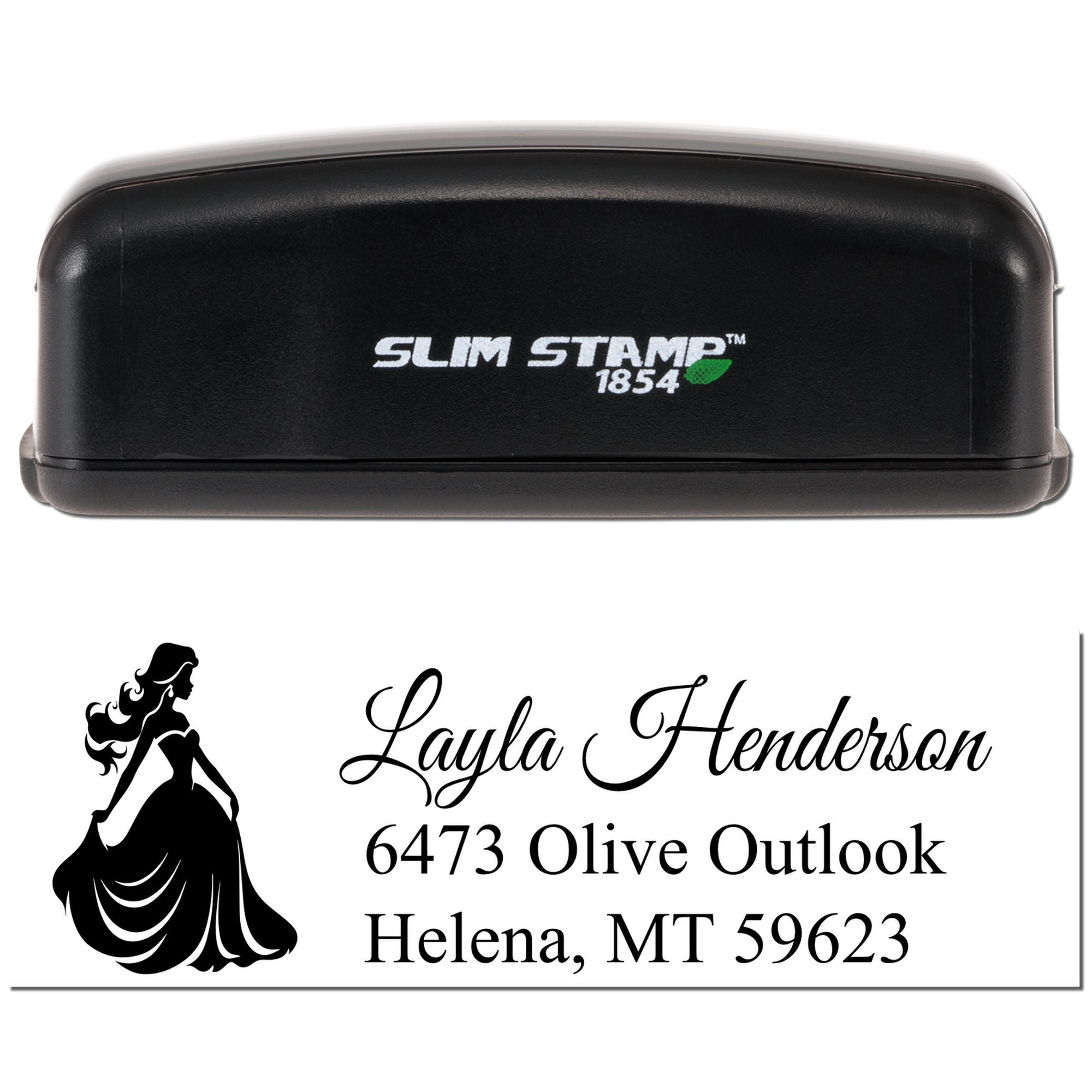 Slim Stamp 1854 custom self-inking address rubber stamp with elegant silhouette design for personalized mailing.