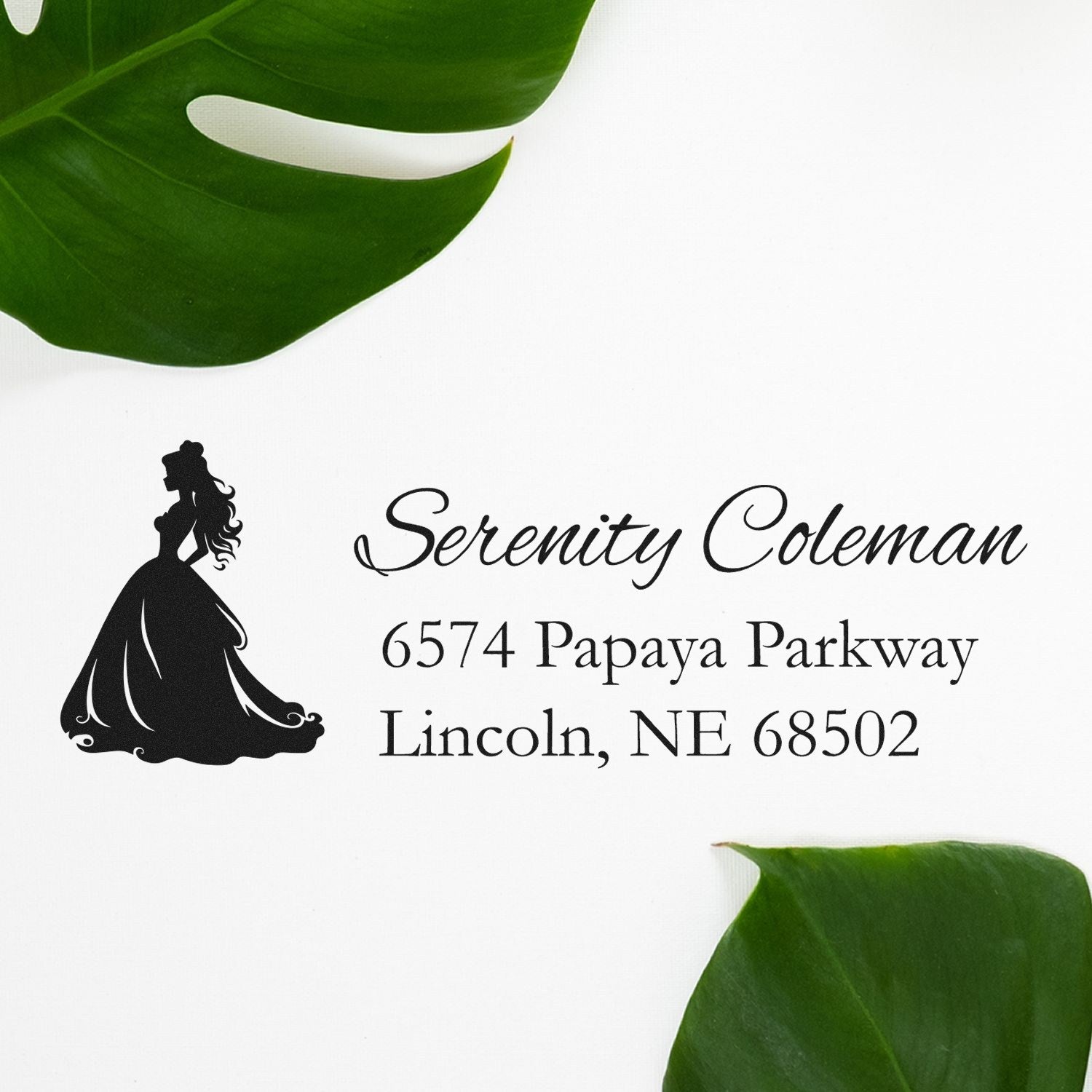 Custom return address rubber stamp with princess silhouette, personalized for Serenity Coleman, 6574 Papaya Parkway, Lincoln, NE.