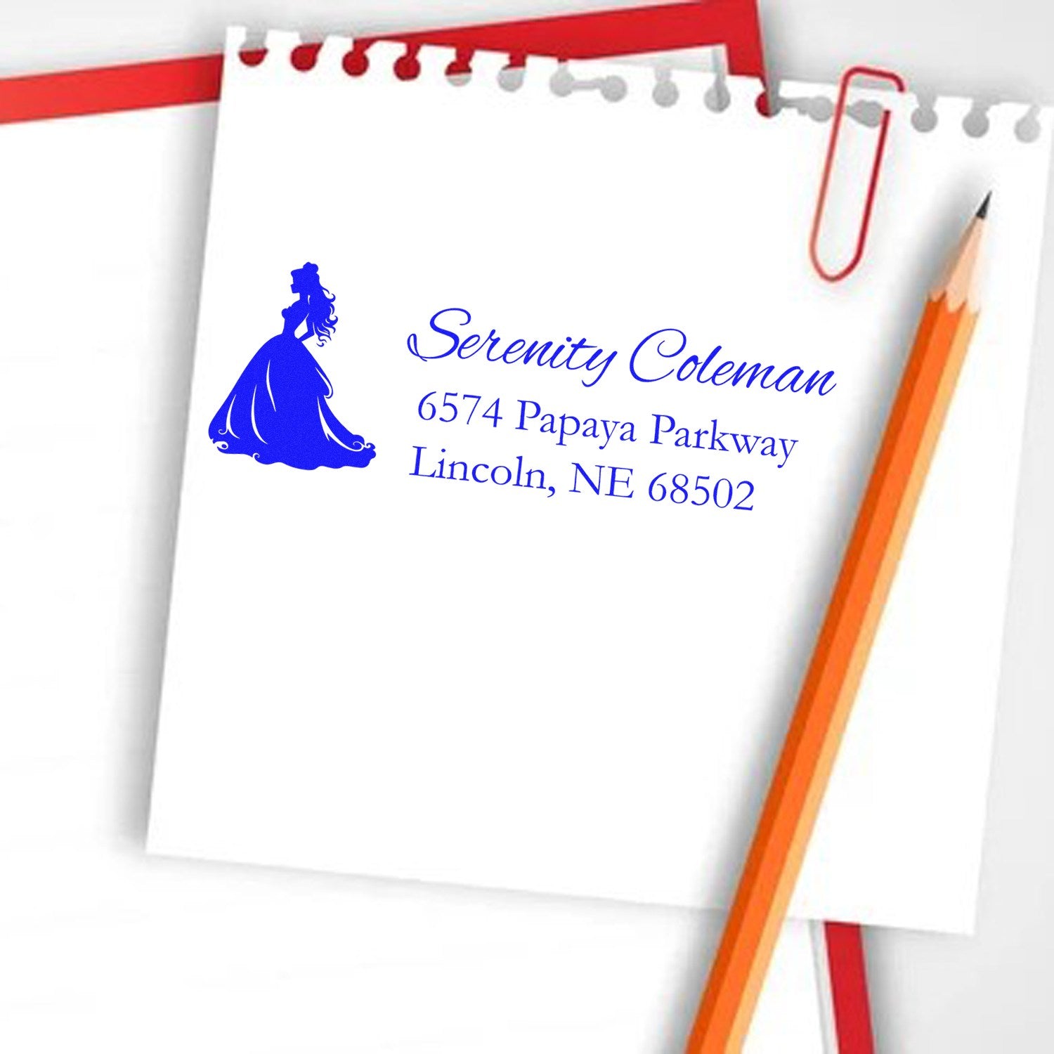 Custom return address rubber stamp with princess silhouette for wedding invitations and personal stationery.