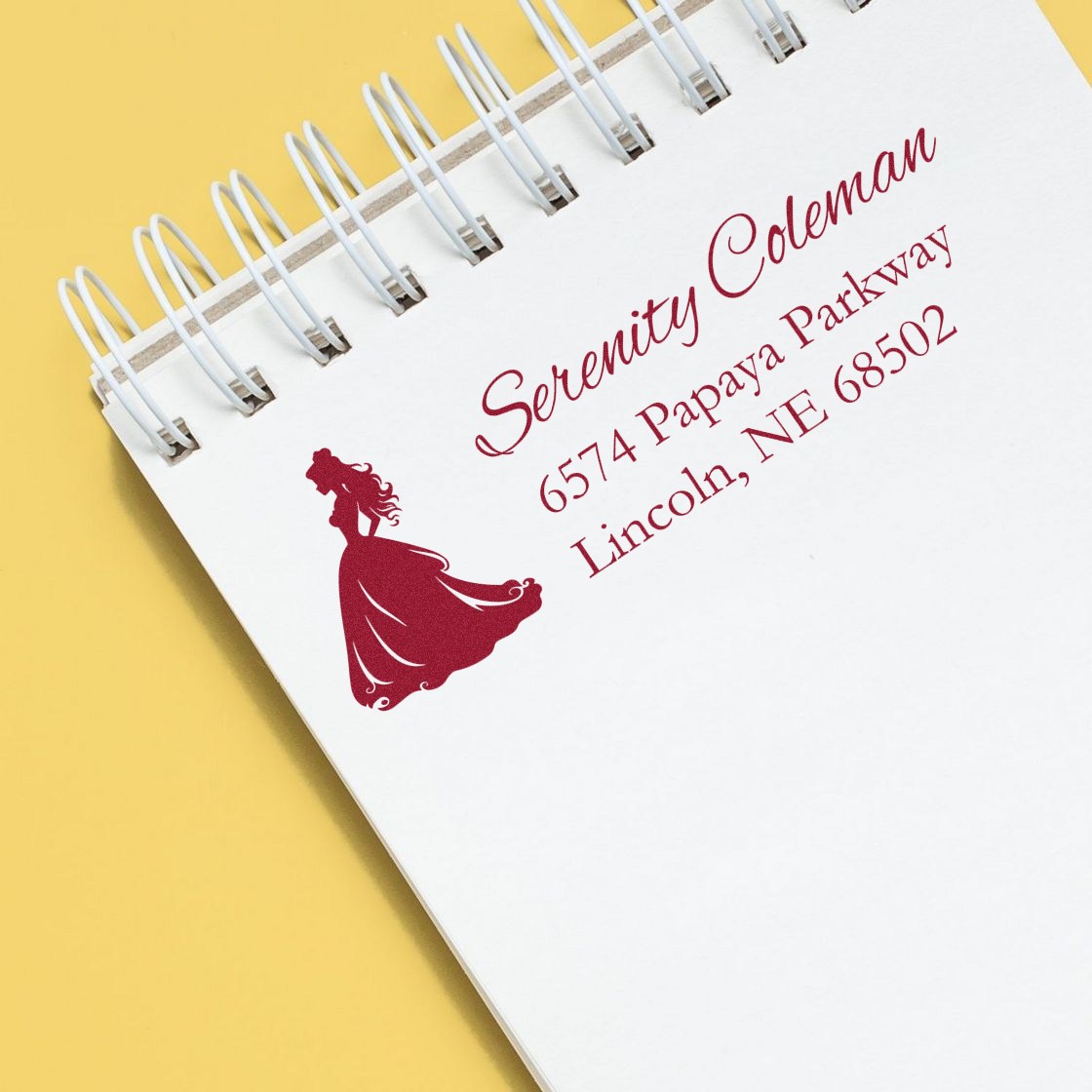 Custom rubber stamp with elegant bride silhouette and return address for Serenity Coleman, Lincoln, NE