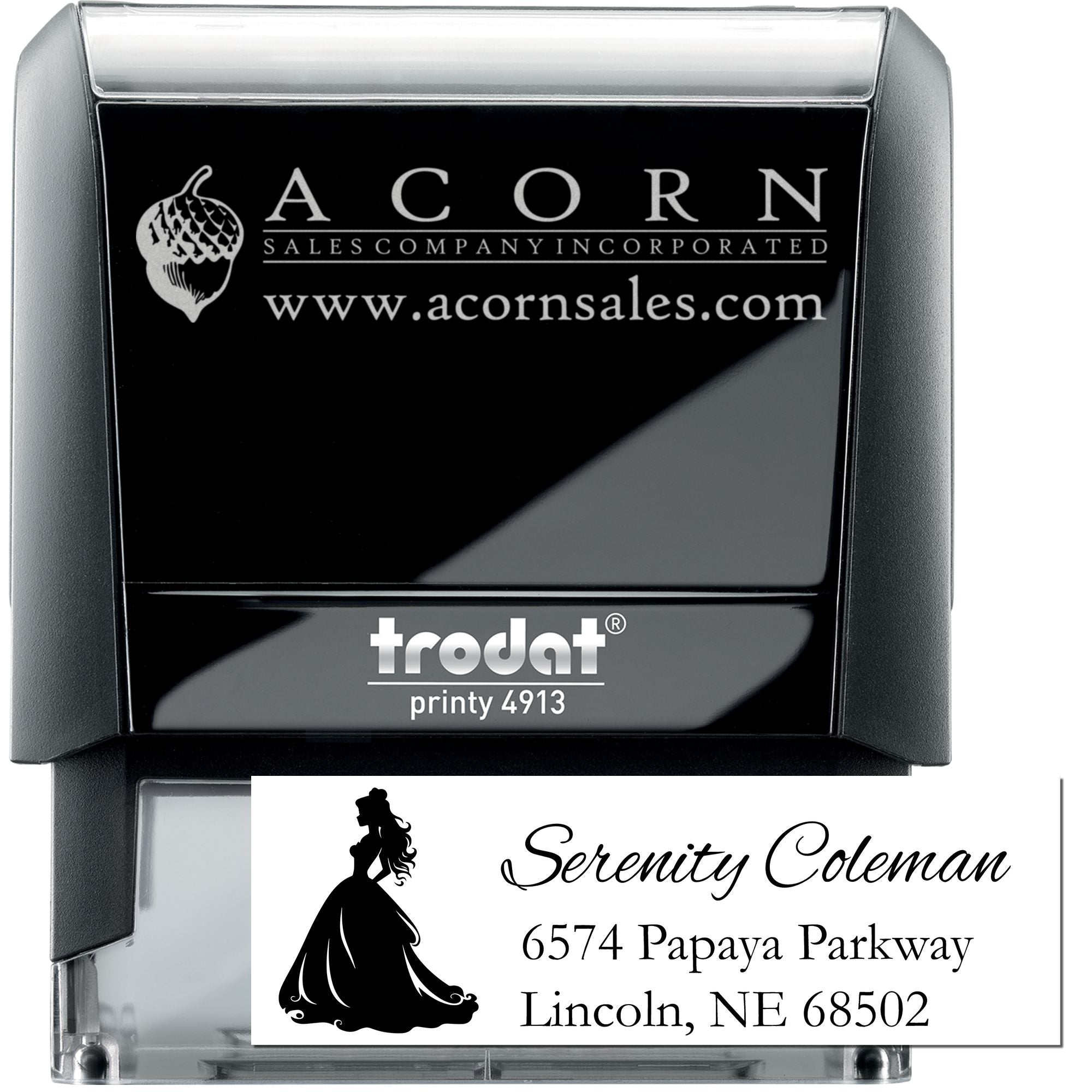 Trodat Printy 4913 custom self-inking rubber stamp with logo and address imprint examples for business branding.