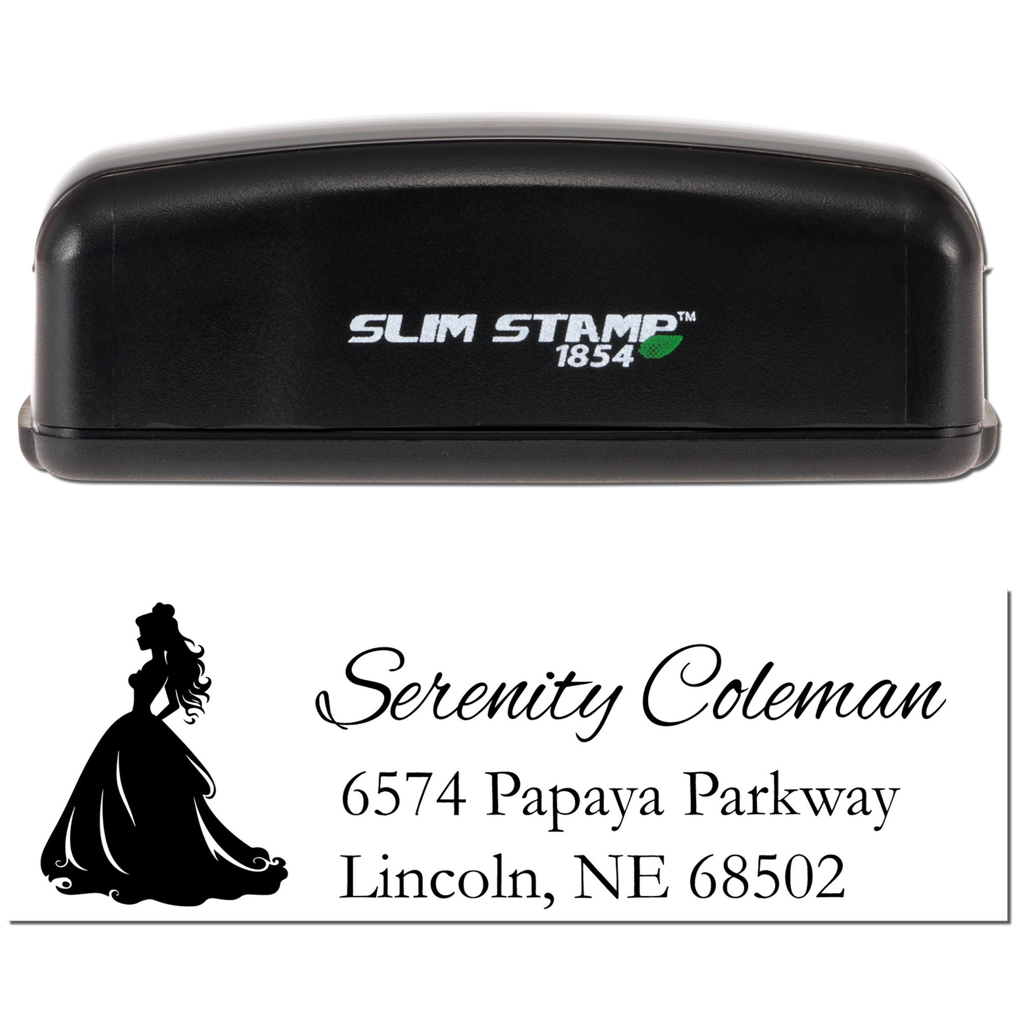 Slim Stamp 1854 custom address rubber stamp with bride silhouette for Serenity Coleman, Lincoln, NE