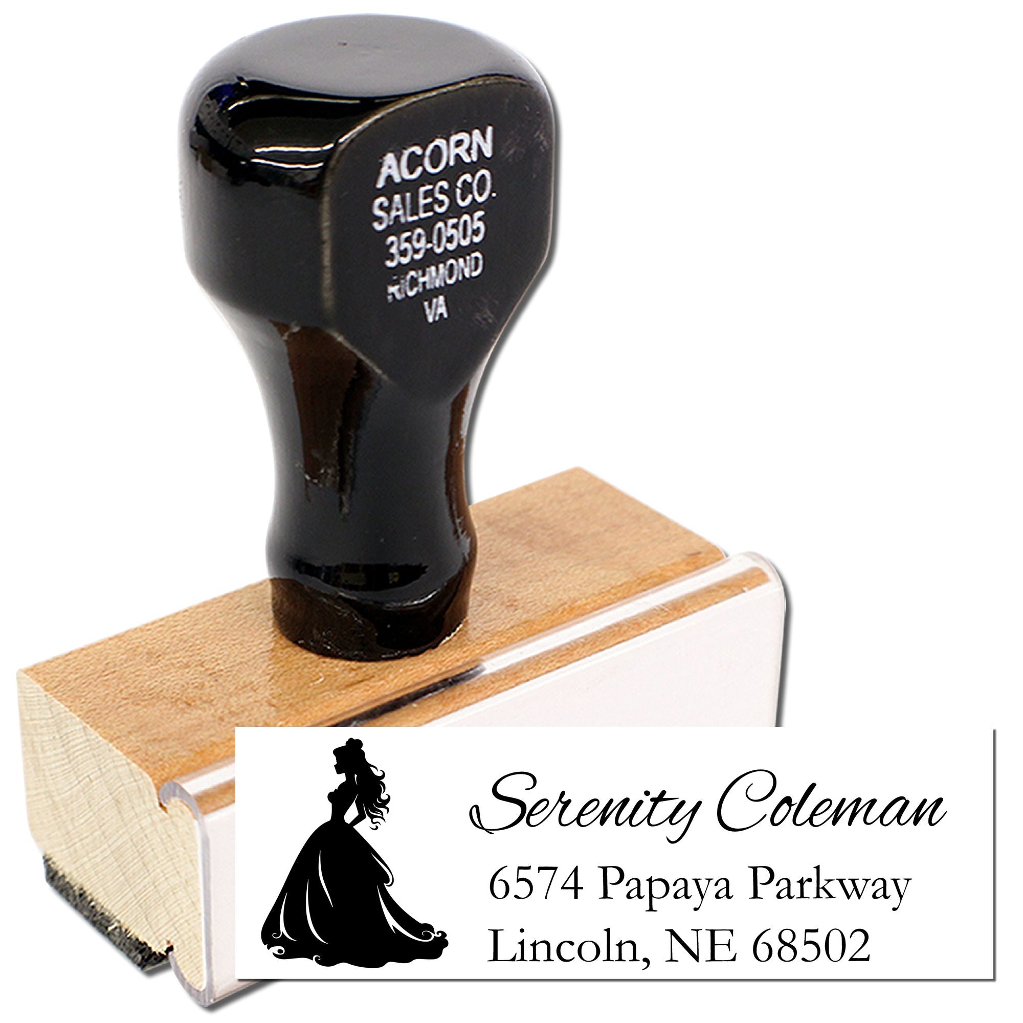 Personalized rubber address stamp for custom name and mailing address on business or wedding stationery.